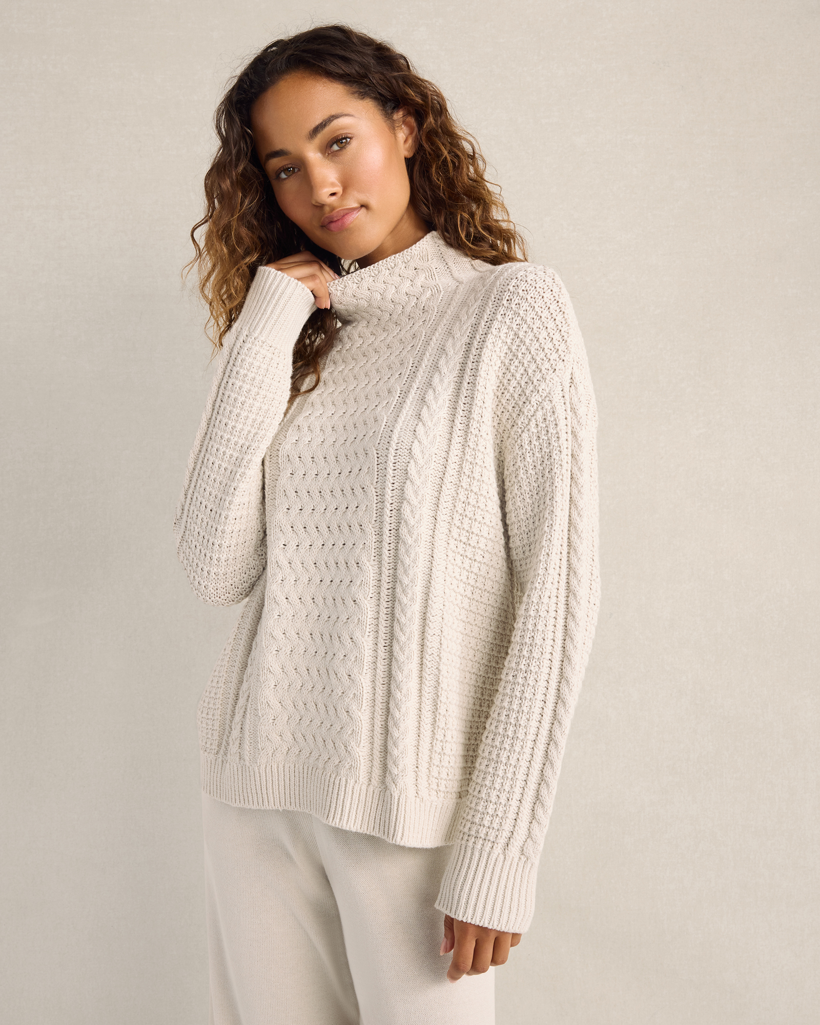 Organic Cotton Mixed Stitch Mockneck Sweater