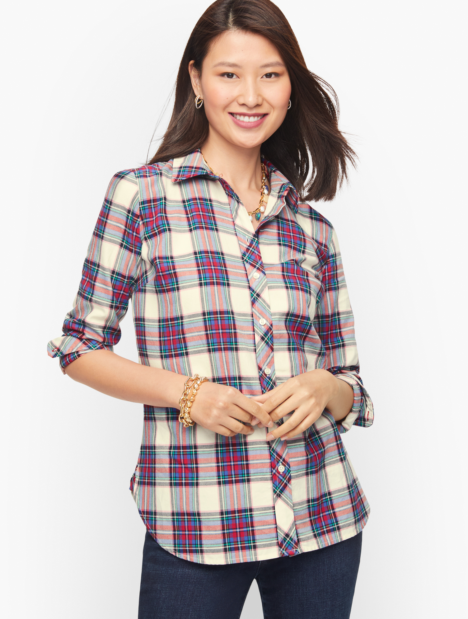 Talbots Petite - Cotton Button Front Shirt - Gift Plaid - Ivory - Small
