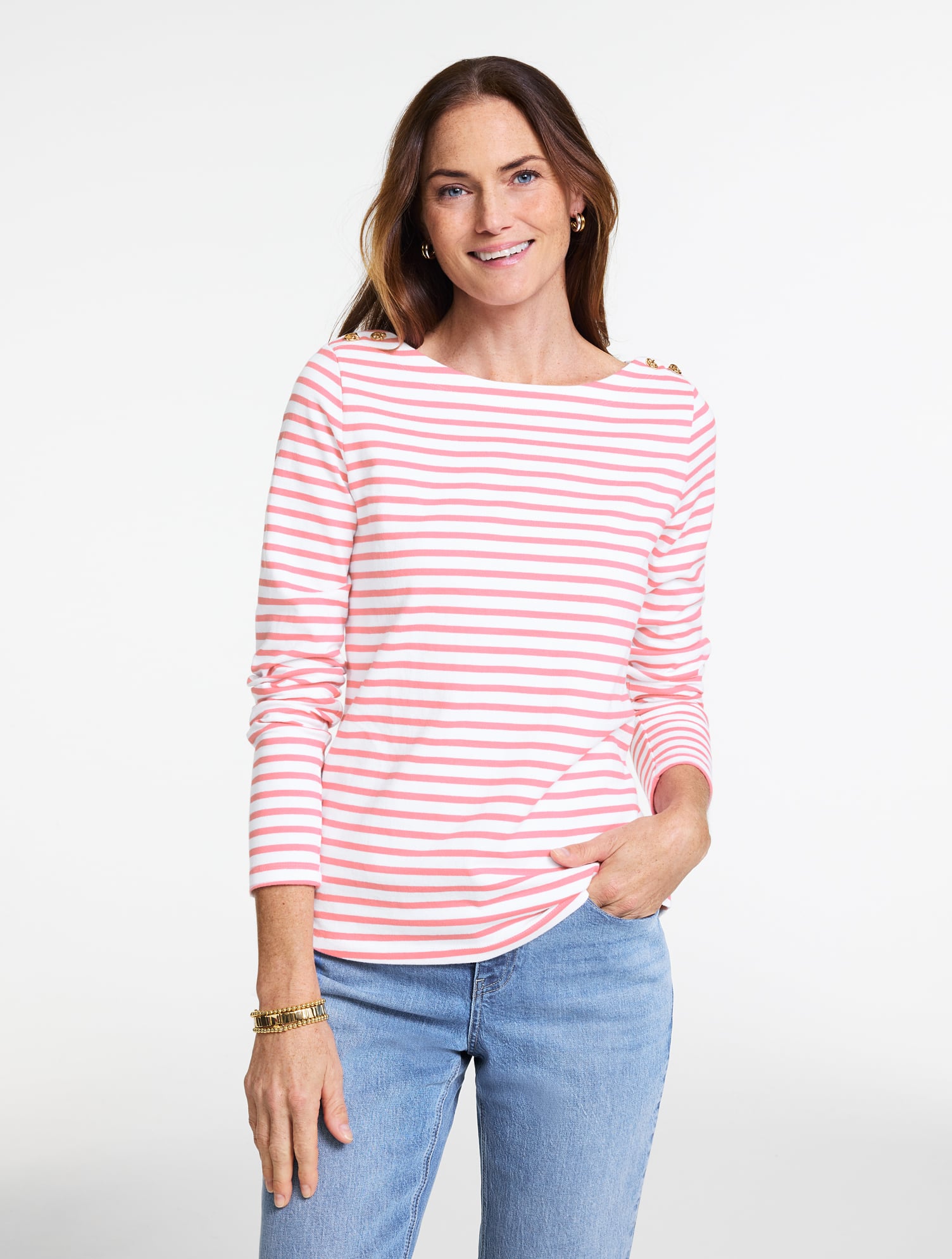 Plus Petite - Knot Button Shoulder T-Shirt - Aisling Stripe - White/Pink Guava - 1X - 100% Cotton Talbots