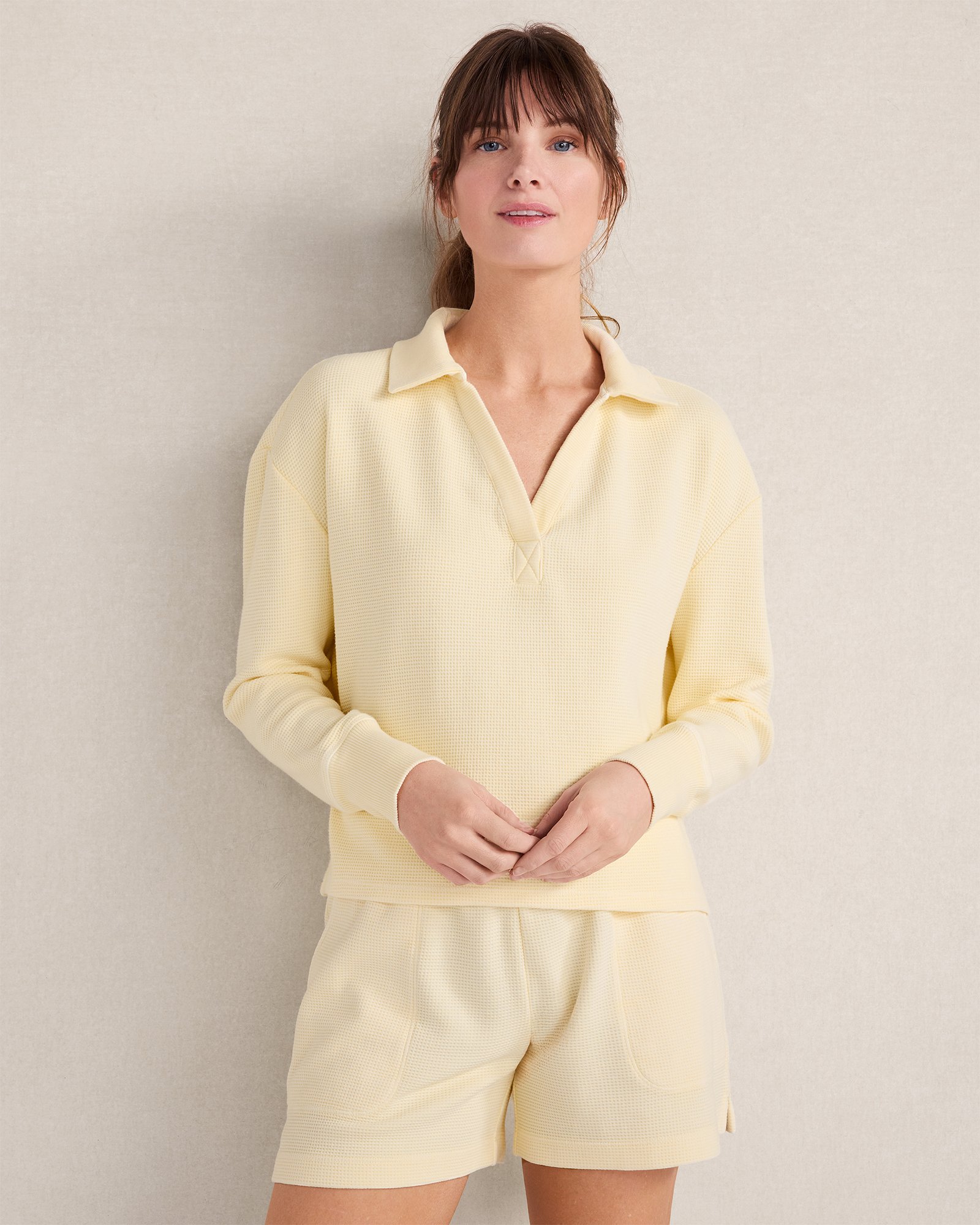 Organic Cotton Waffle Johnny Collar Top