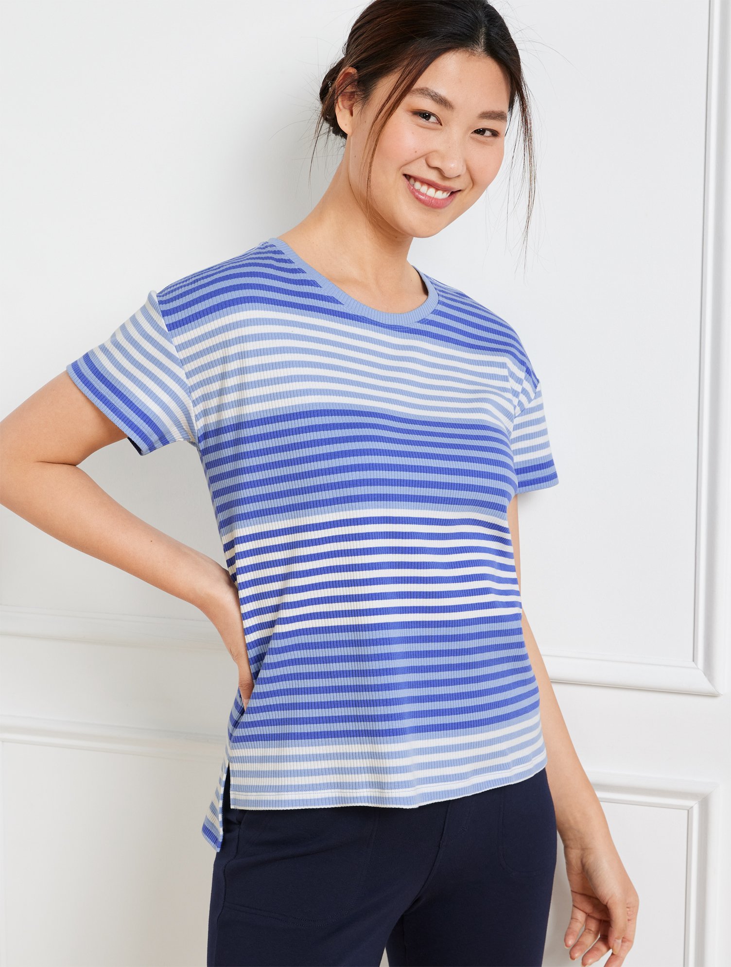 Talbots Drop Shoulder Boxy T-shirt - Multi Stripe - Blue - 3x