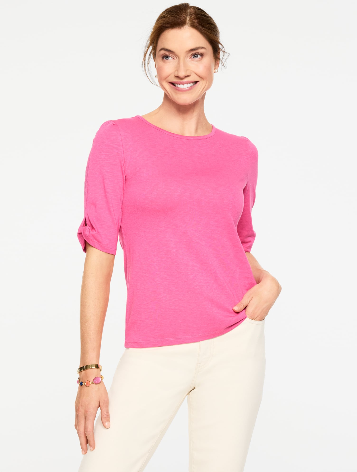 Plus Petite - Elbow Sleeve Knot Top - Bright Pink - 3X Talbots