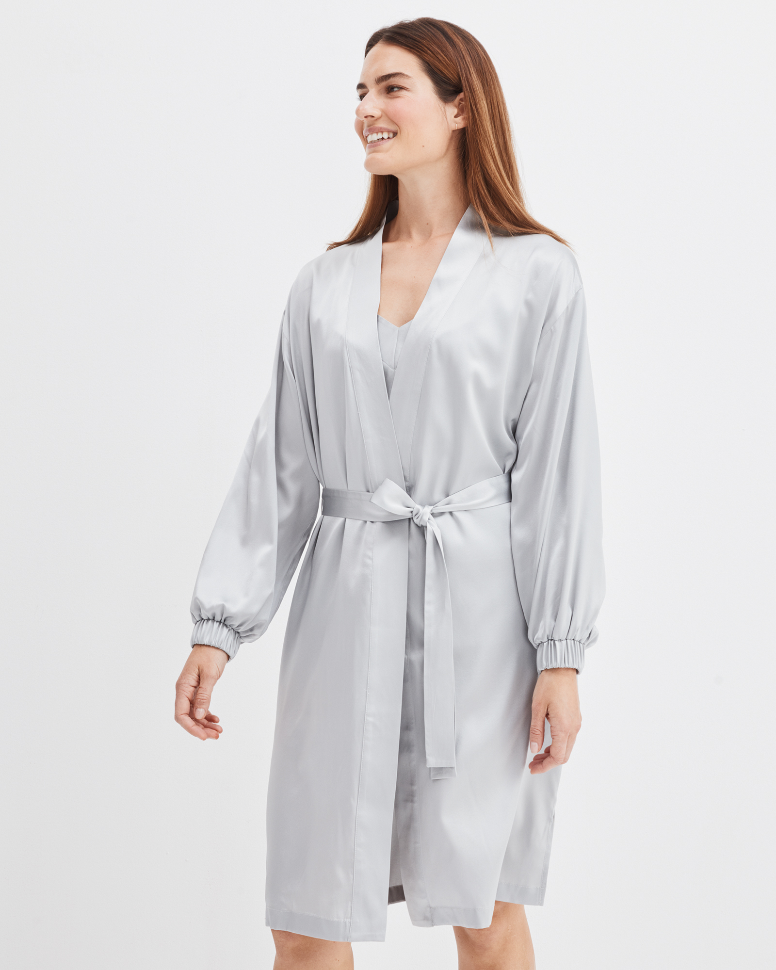 Talbots Washable Silk Puff Sleeve Robe - Fog - Large  In Gray