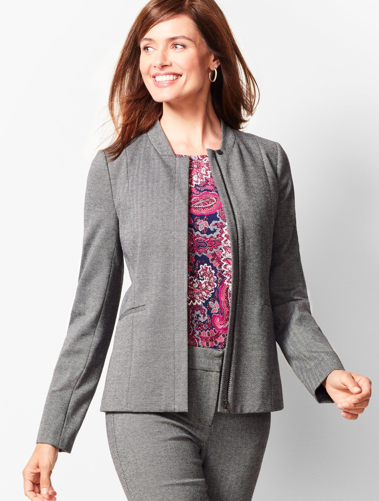 Italian Luxe Knit Herringbone Zip-Front Jacket | Talbots