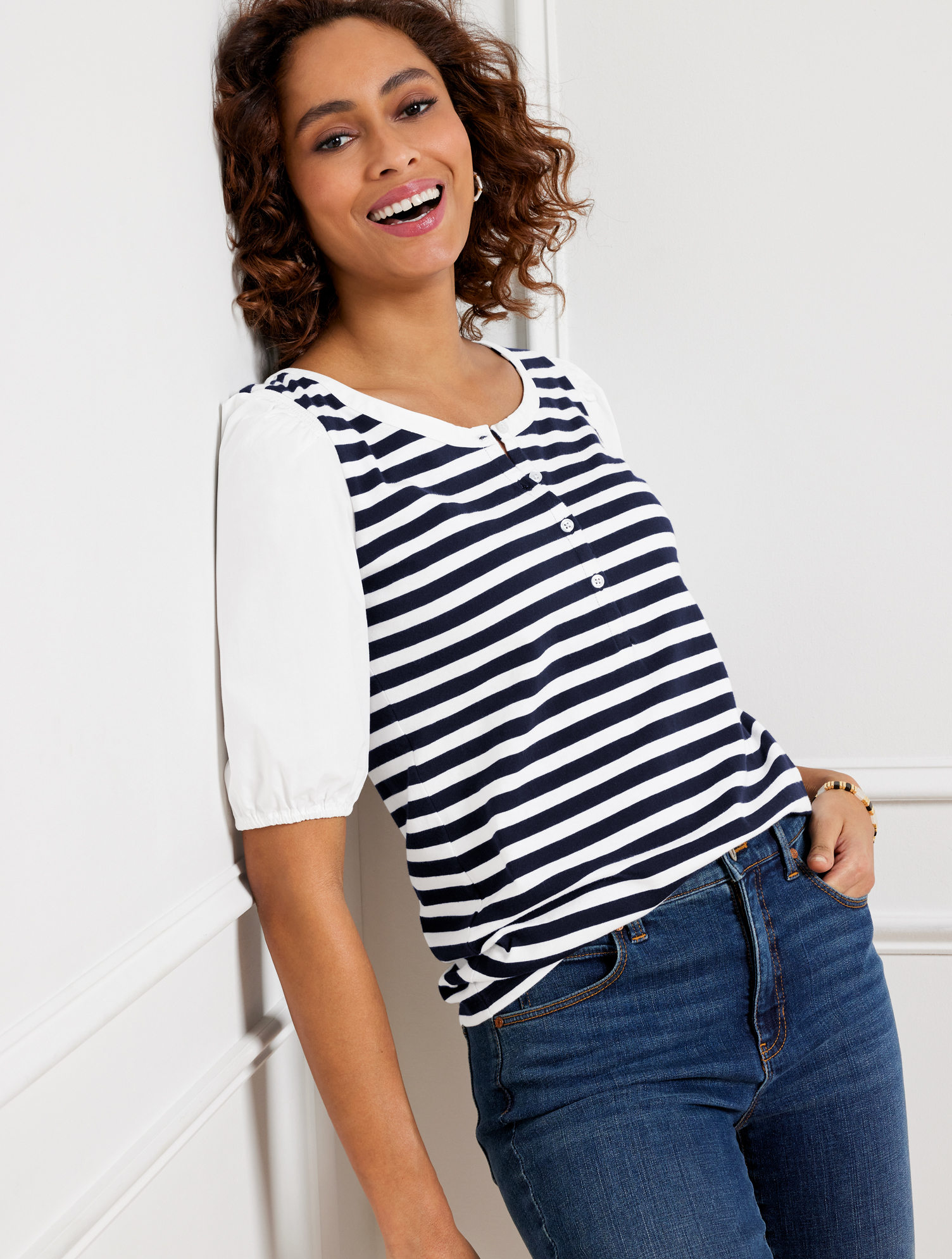 Talbots Petite - Woven Sleeve Henley T-shirt - Bali Stripe - Indigo/white - Xl - 100% Cotton  In Indigo,white