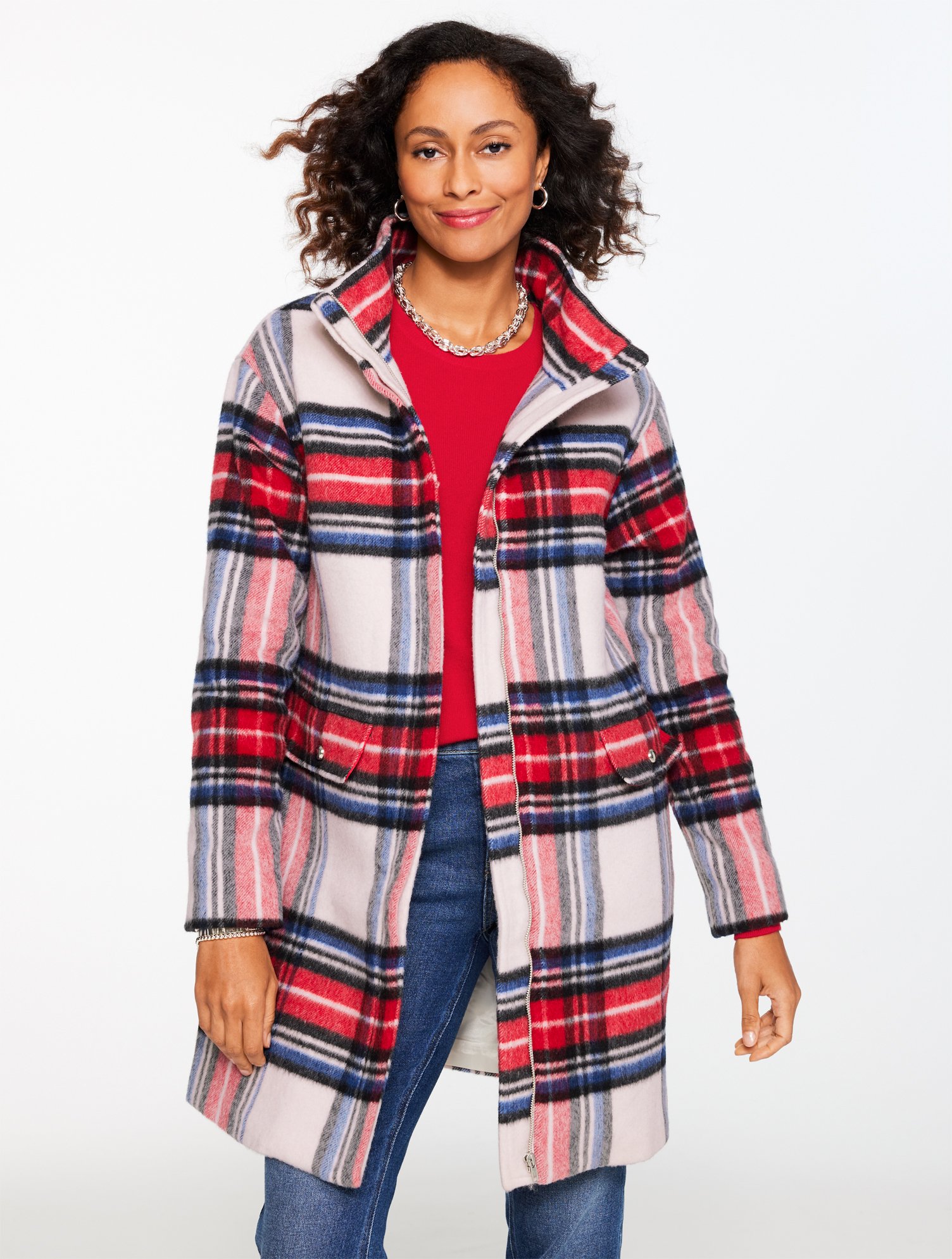 Talbots Plus Petite - Wool Blend Stadium Coat - Fireside Plaid - Ivory - 2x In White