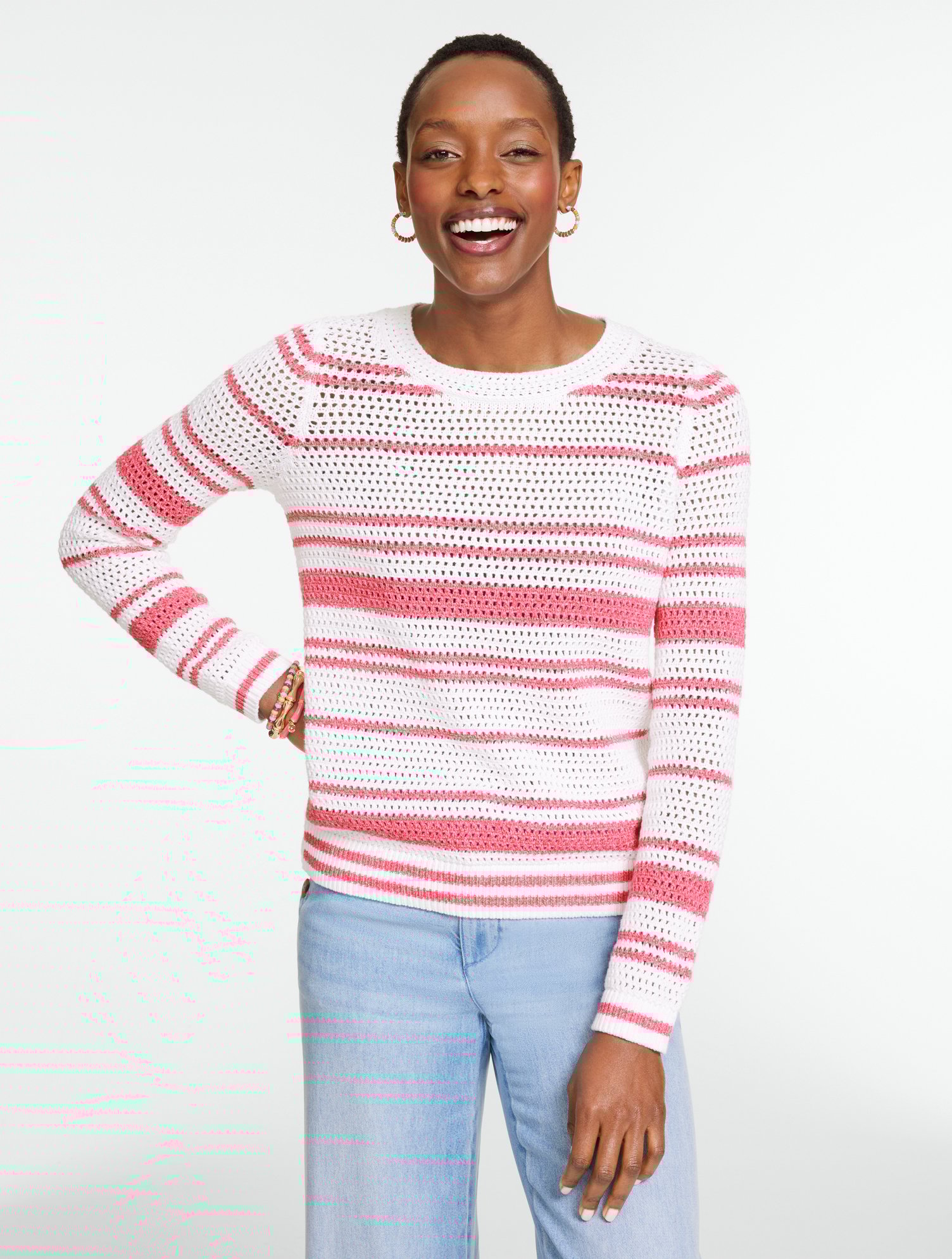 Open Stitch Crewneck Sweater - Marl Stripe