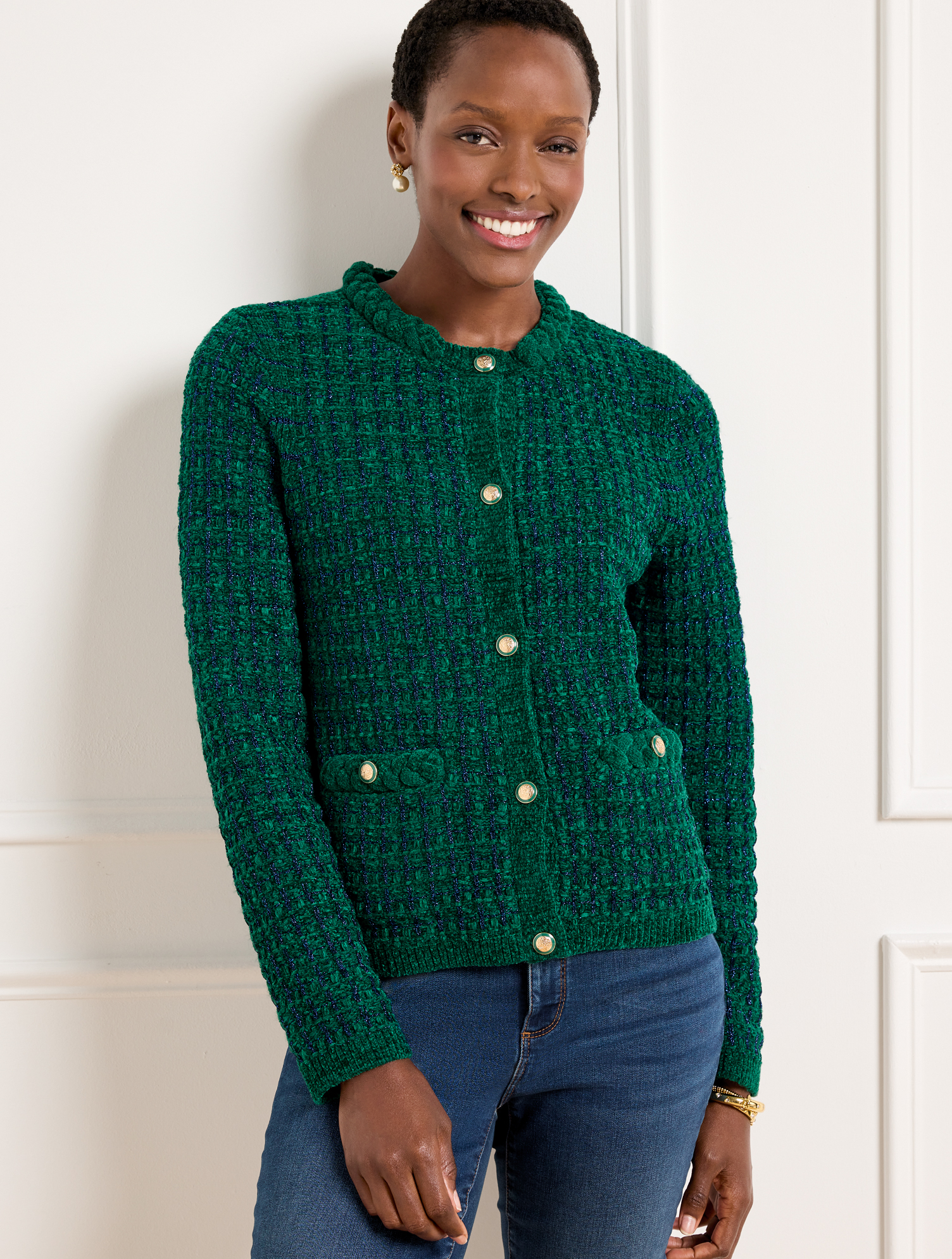Chenille Crewneck Cardigan - Metallic Plaid | Talbots
