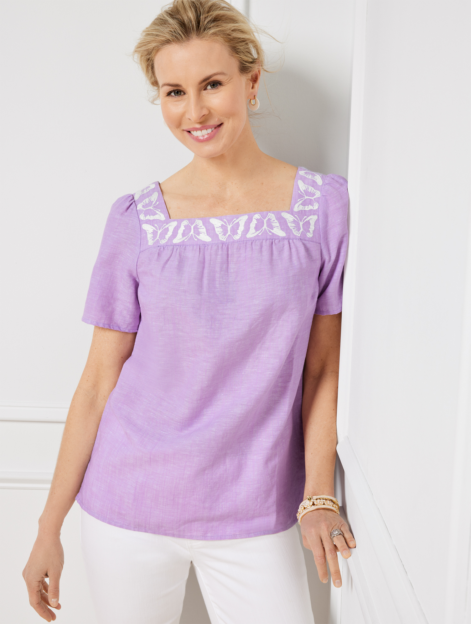Talbots Petite - Butterfly Embroidered Linen Cotton Square Neck Top - Cross Dye - Purple - Xl