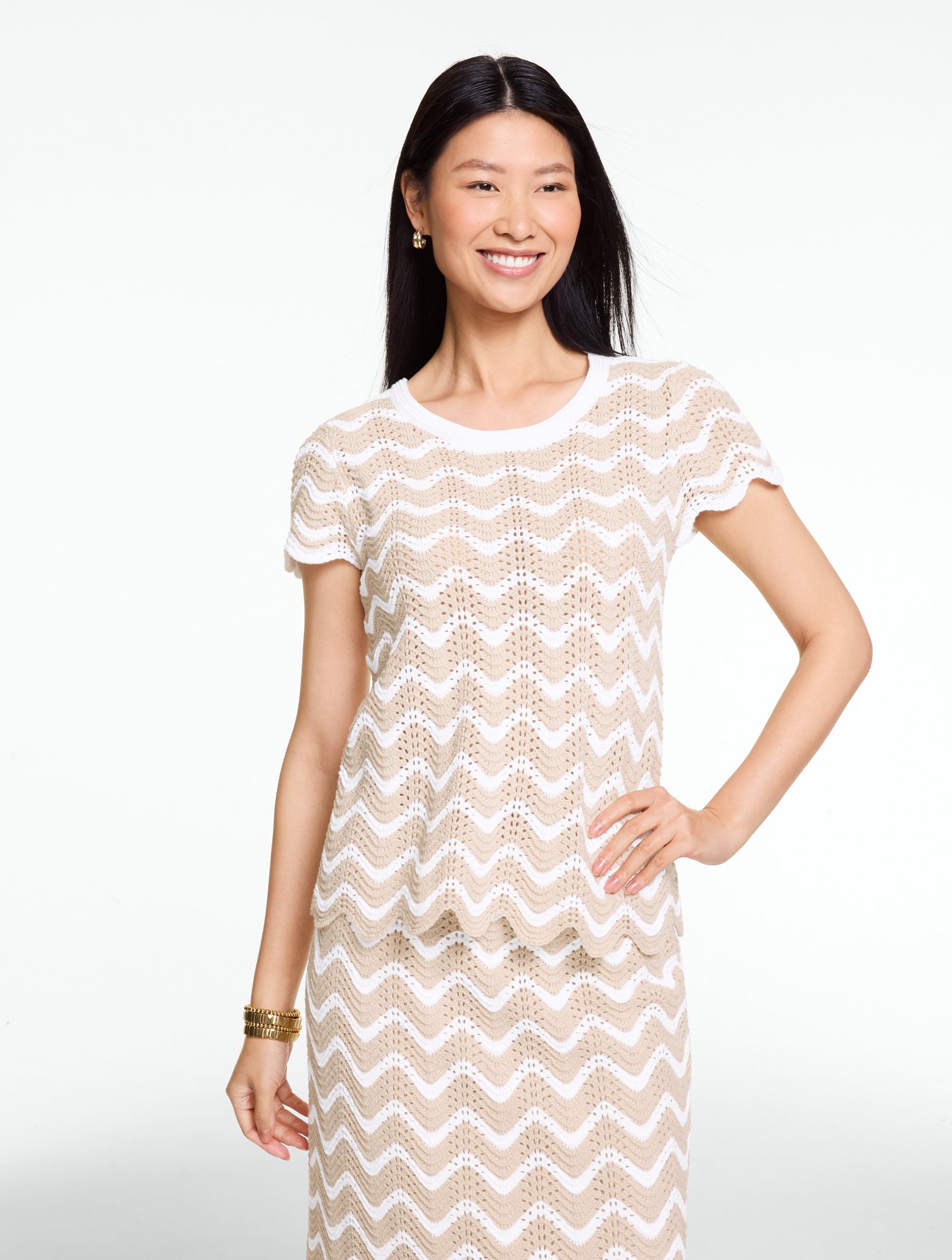 Cotton Crochet Short Sleeve Crewneck Pullover - Stripe