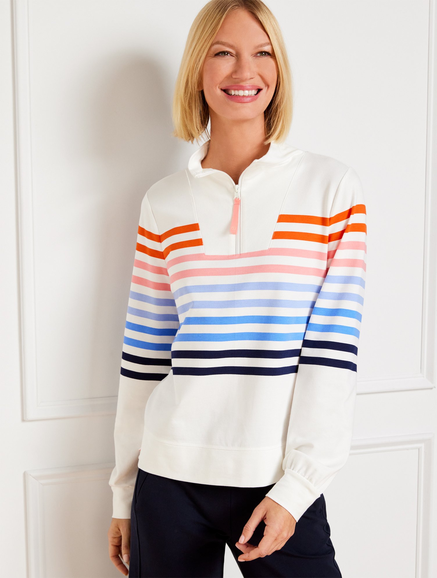 Talbots Petite - Half-zip Pullover Sweater - Breeze Stripe - Ivory/bright Tangerine - Large  In Ivory,bright Tangerine