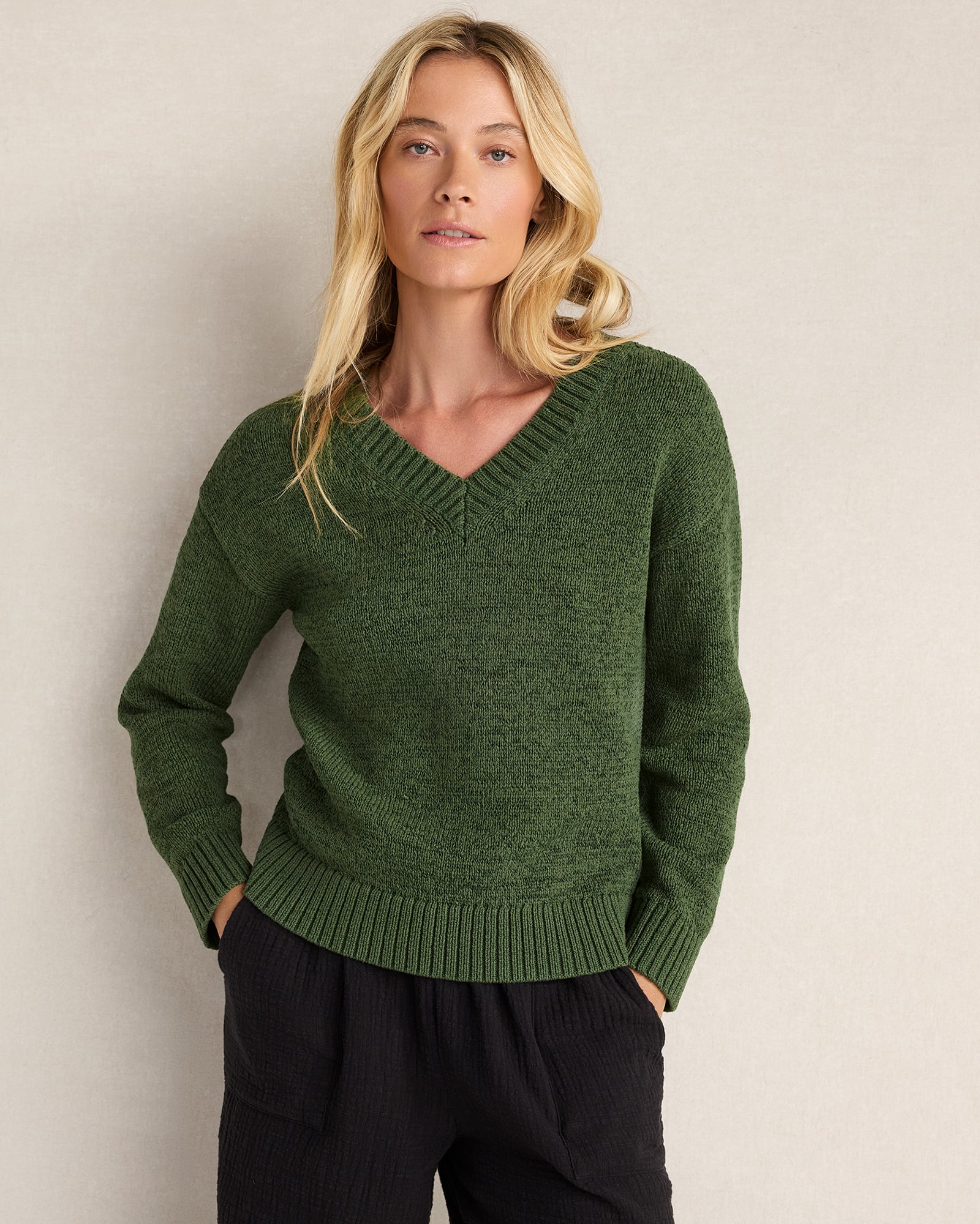 Cotton Blend Tape Yarn V-Neck Sweater