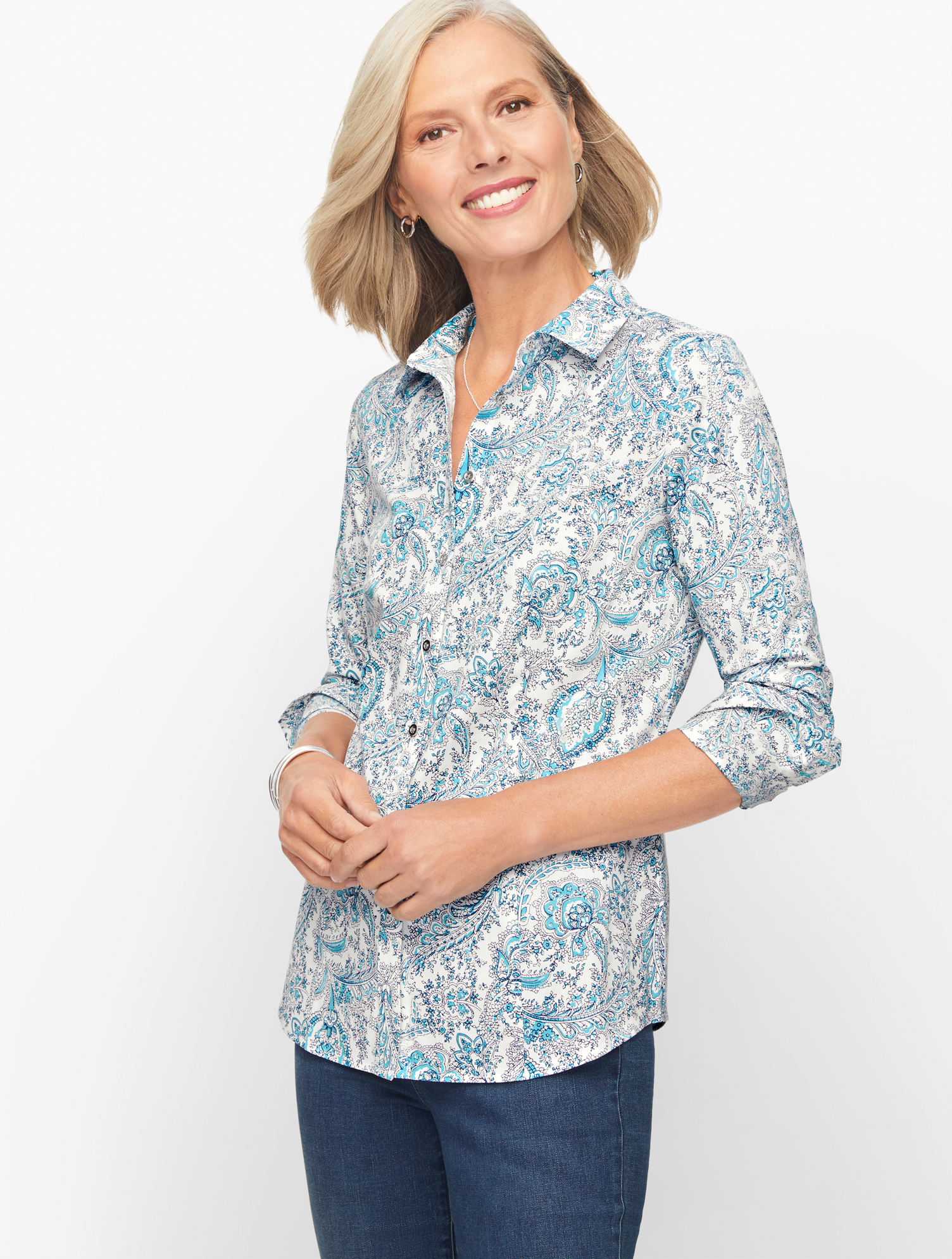Talbots Plus Size - Perfect Shirt - Paisley - White/dk Turq Plaid - 22