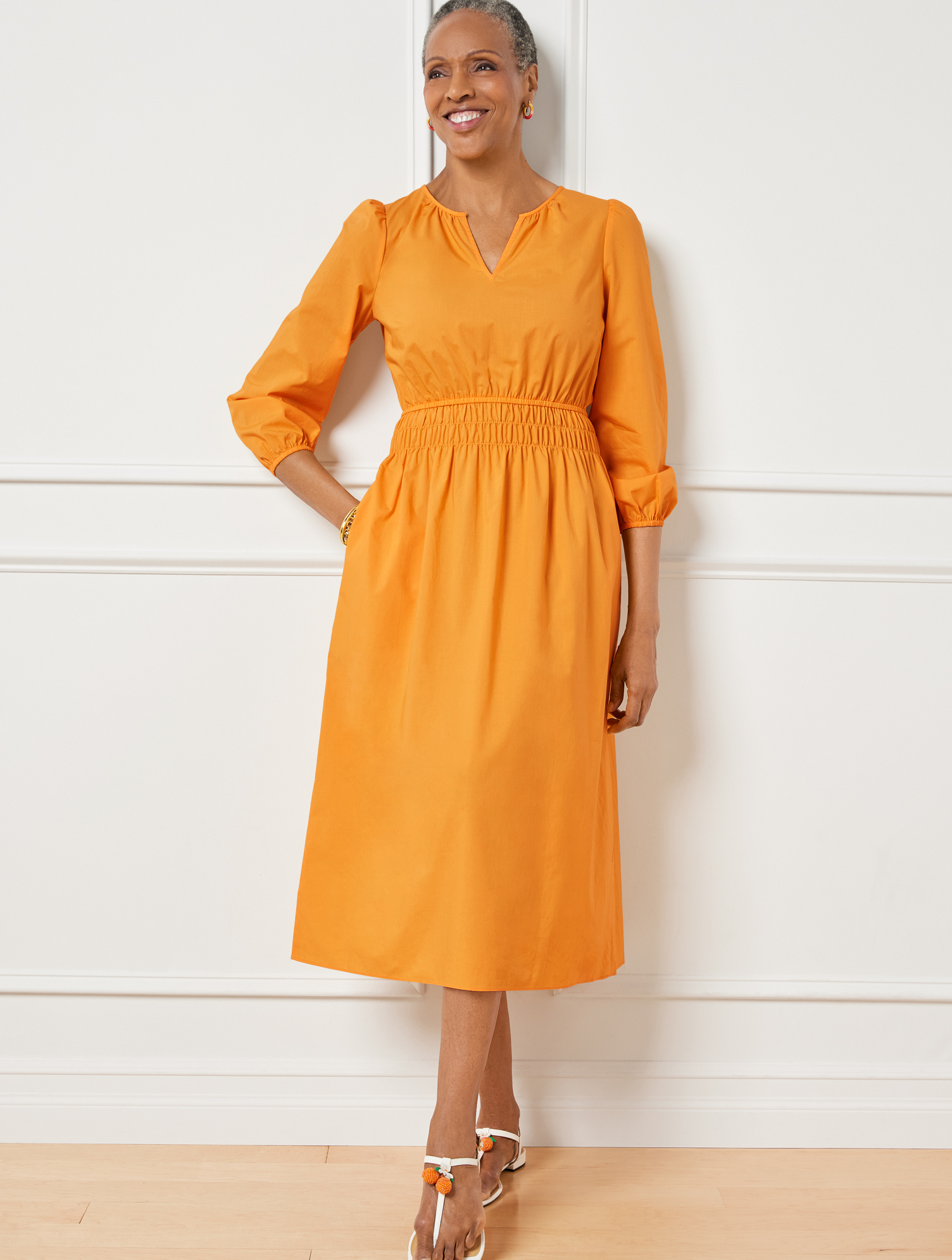 Talbots Plus Size - Smocked Poplin Midi Dress - Bright Marigold - 20 - 100% Cotton
