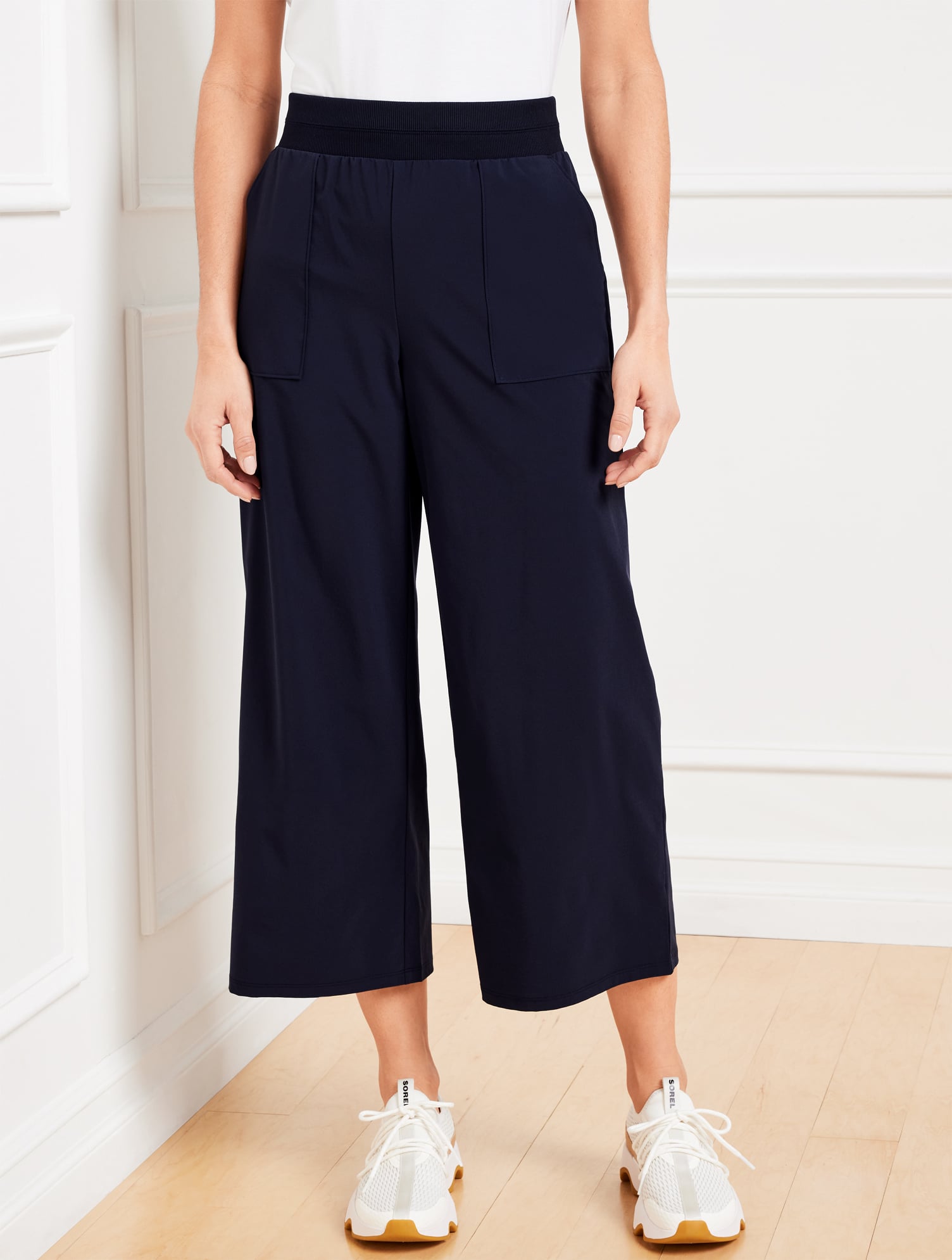 Lightweight Woven Stretch Wide Leg Ankle Pants - Blue - Large Talbots