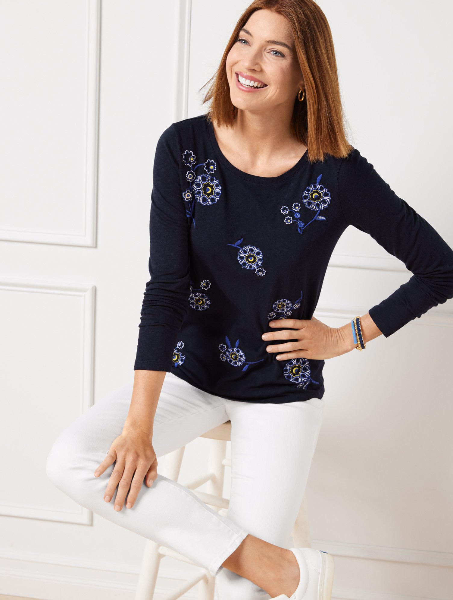 Talbots Embroidered Crewneck T-shirt - Floral - Blue - 3x