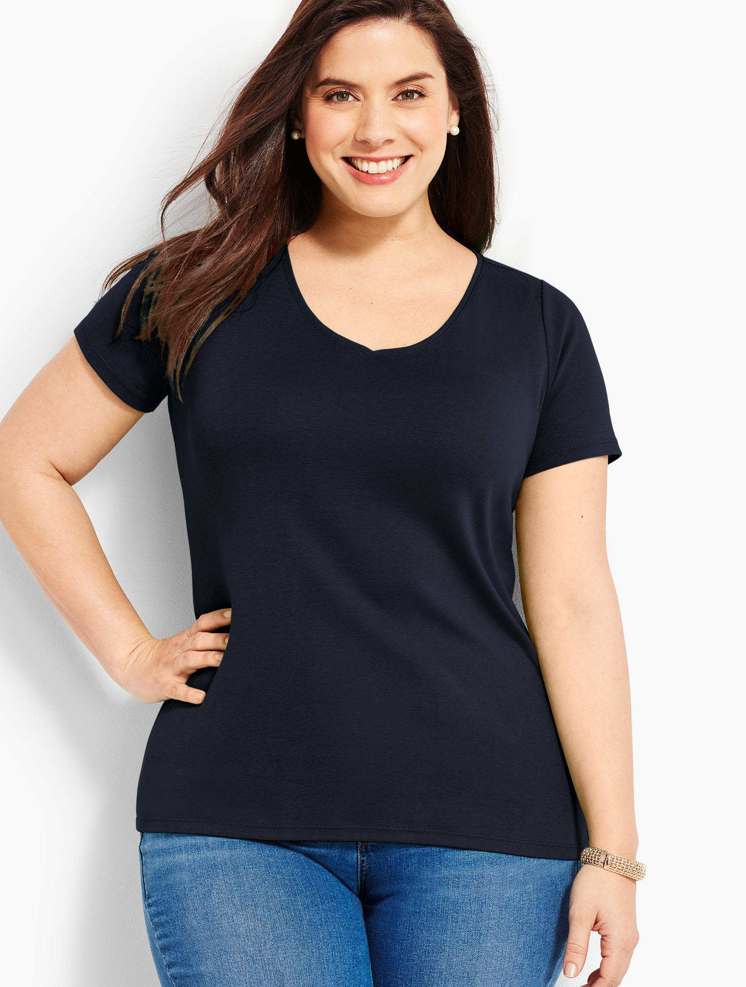 Talbots Plus Size - Pima Cotton V-neck T-shirt - Indigo - 2x