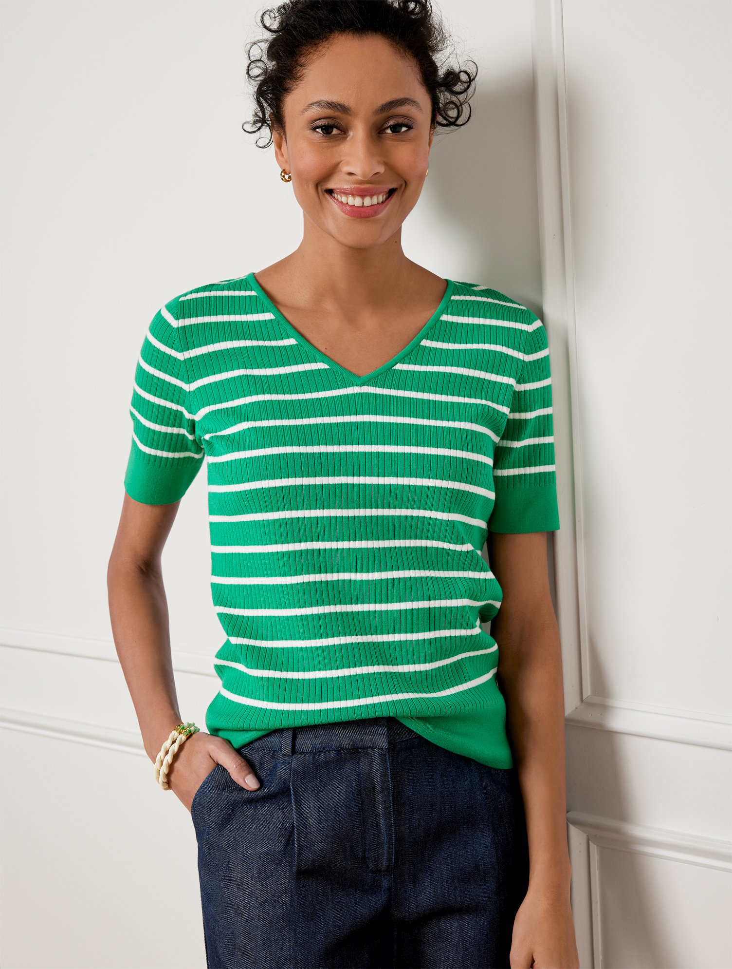 Talbots Petite - V-neck Pullover Sweater - Modern Stripe - Simply Green/white - Large  In Simply Green,white