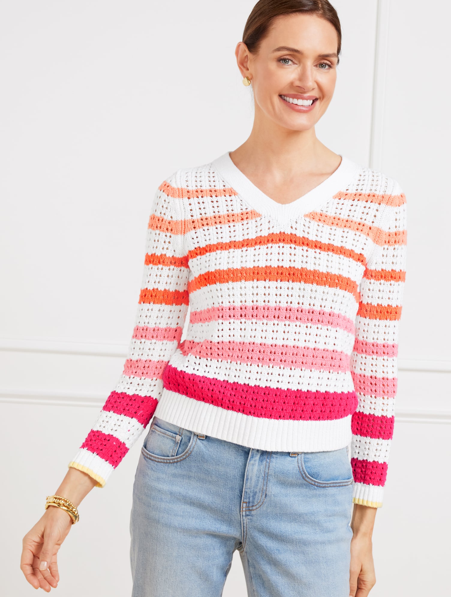 Open Stitch V-Neck Pullover Sweater - Multi Stripe - Raspberry/White - XL - 100% Cotton Talbots