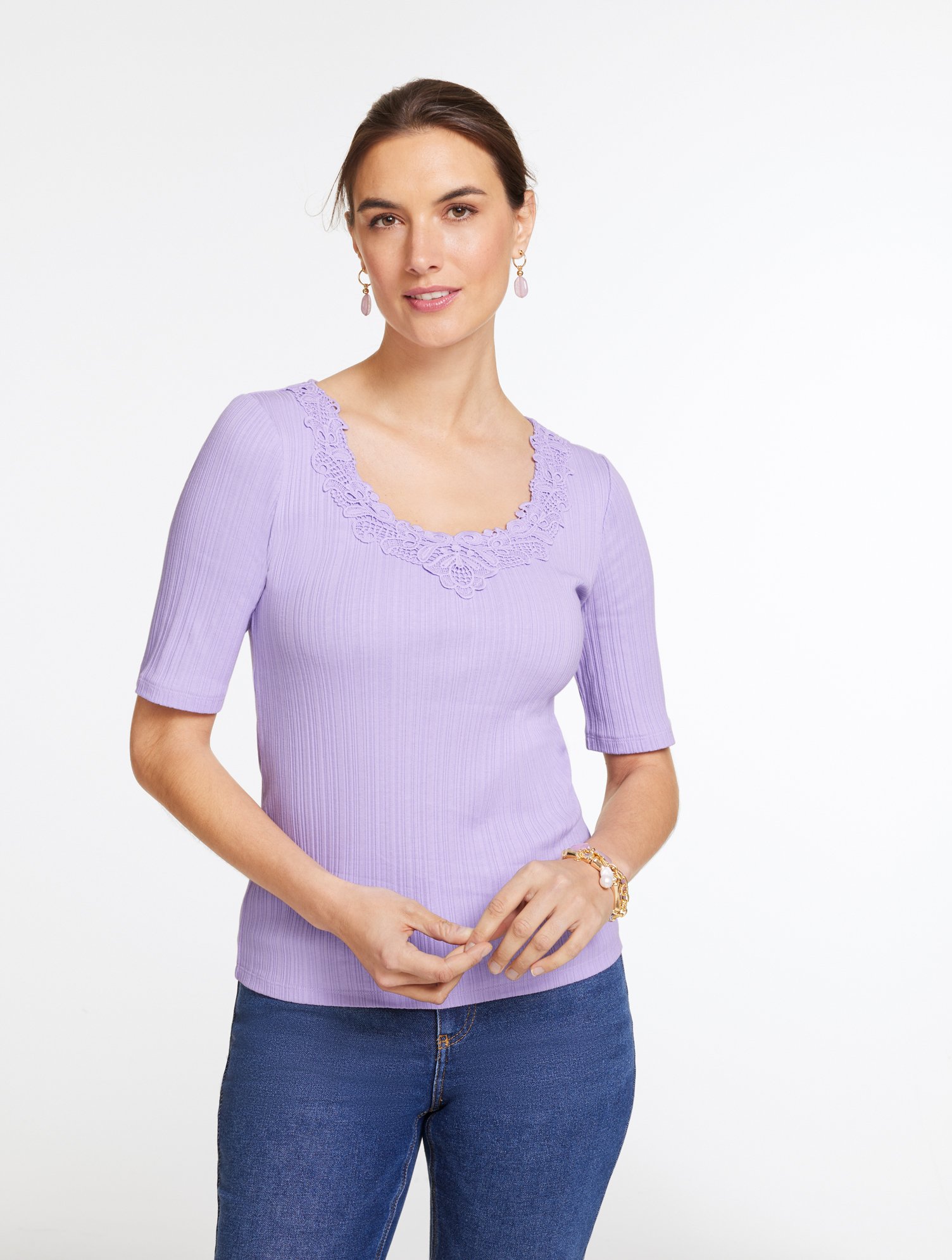 Lace Trim V-Neck Ribbed Top
