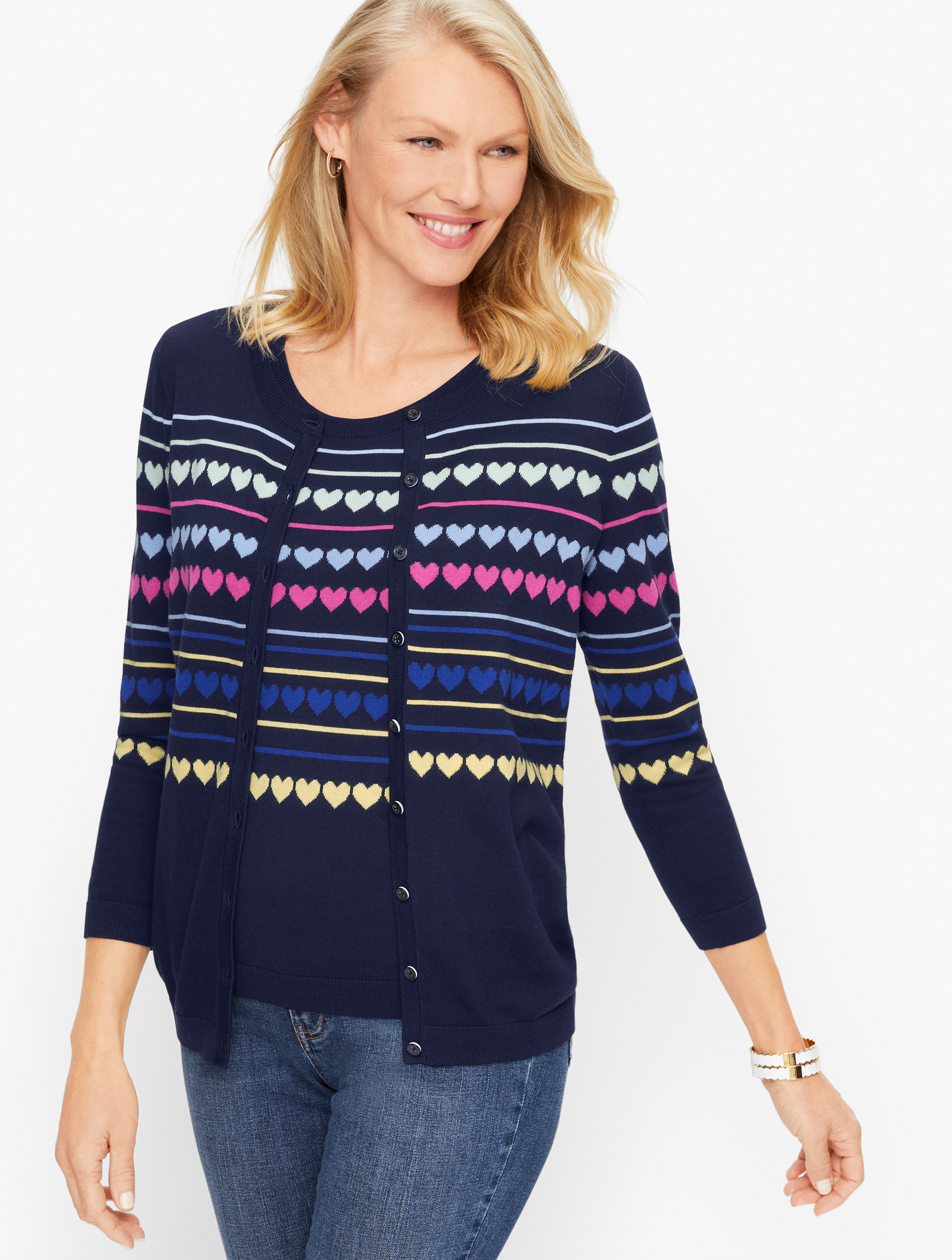 Talbots Charming Cardigan Sweater - Hearts & Stripes - Blue - Xs