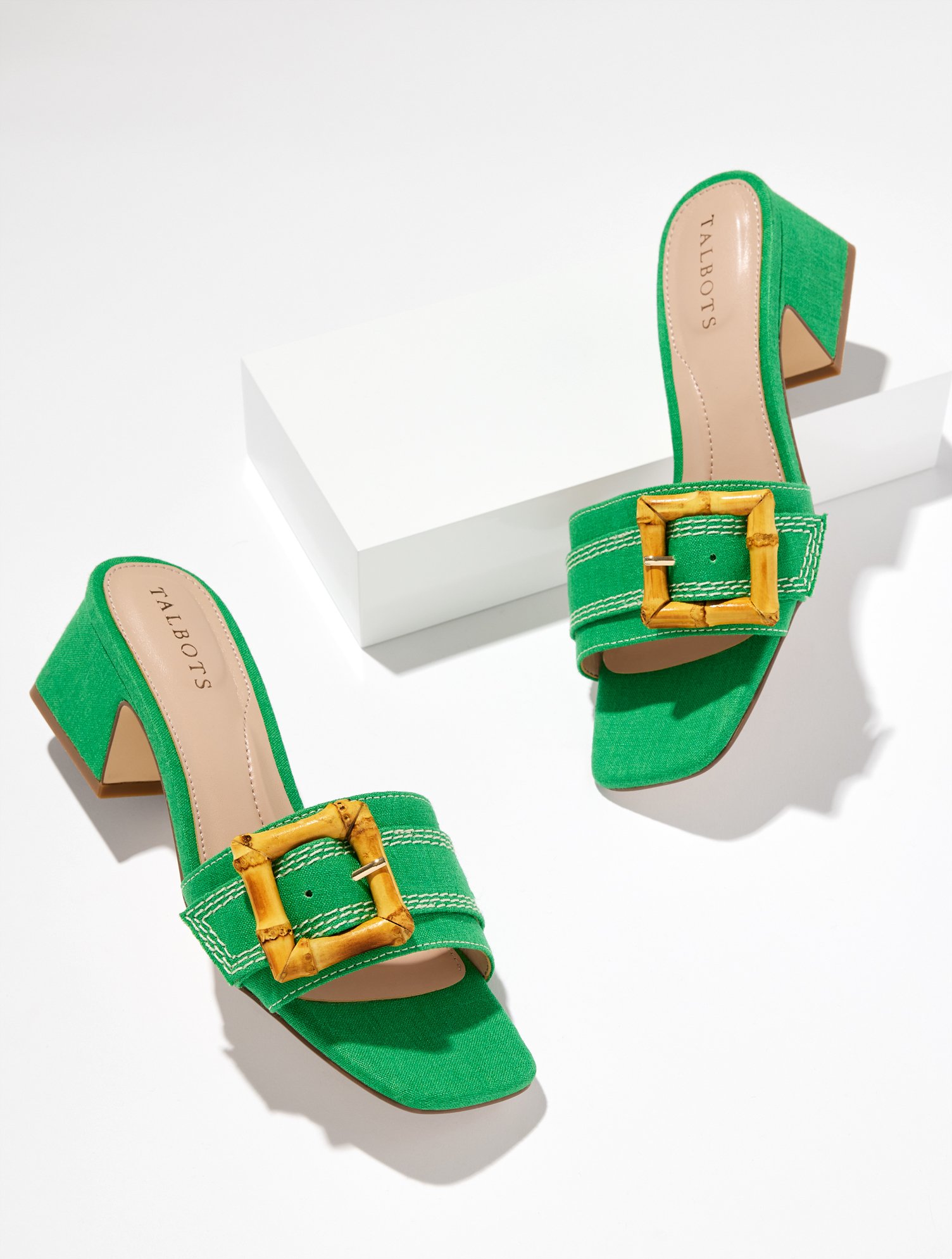 Kathryn Buckle Linen Block Heel Sandals - Hillside Green