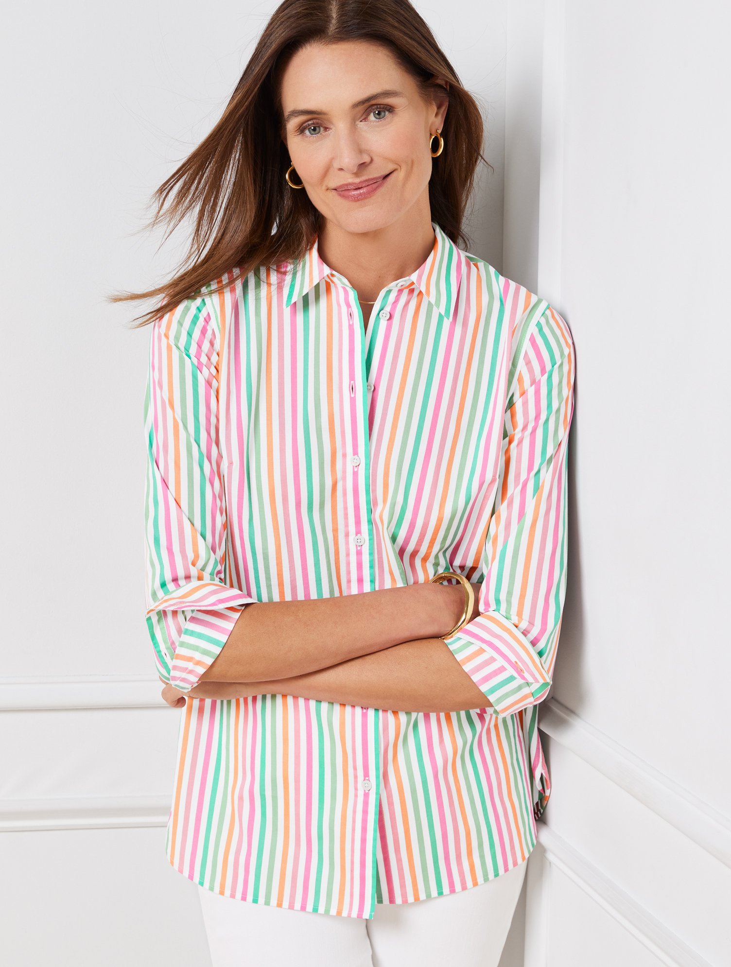 Talbots Cotton Button Front Shirt - Spring Fling Stripe - White/pink - X  In White,pink