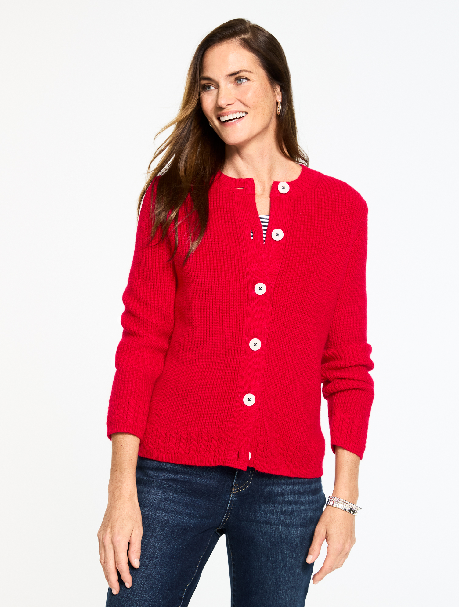 Plus Size - Shaker Stitch Crewneck Cardigan Sweater - Red - 2X Talbots