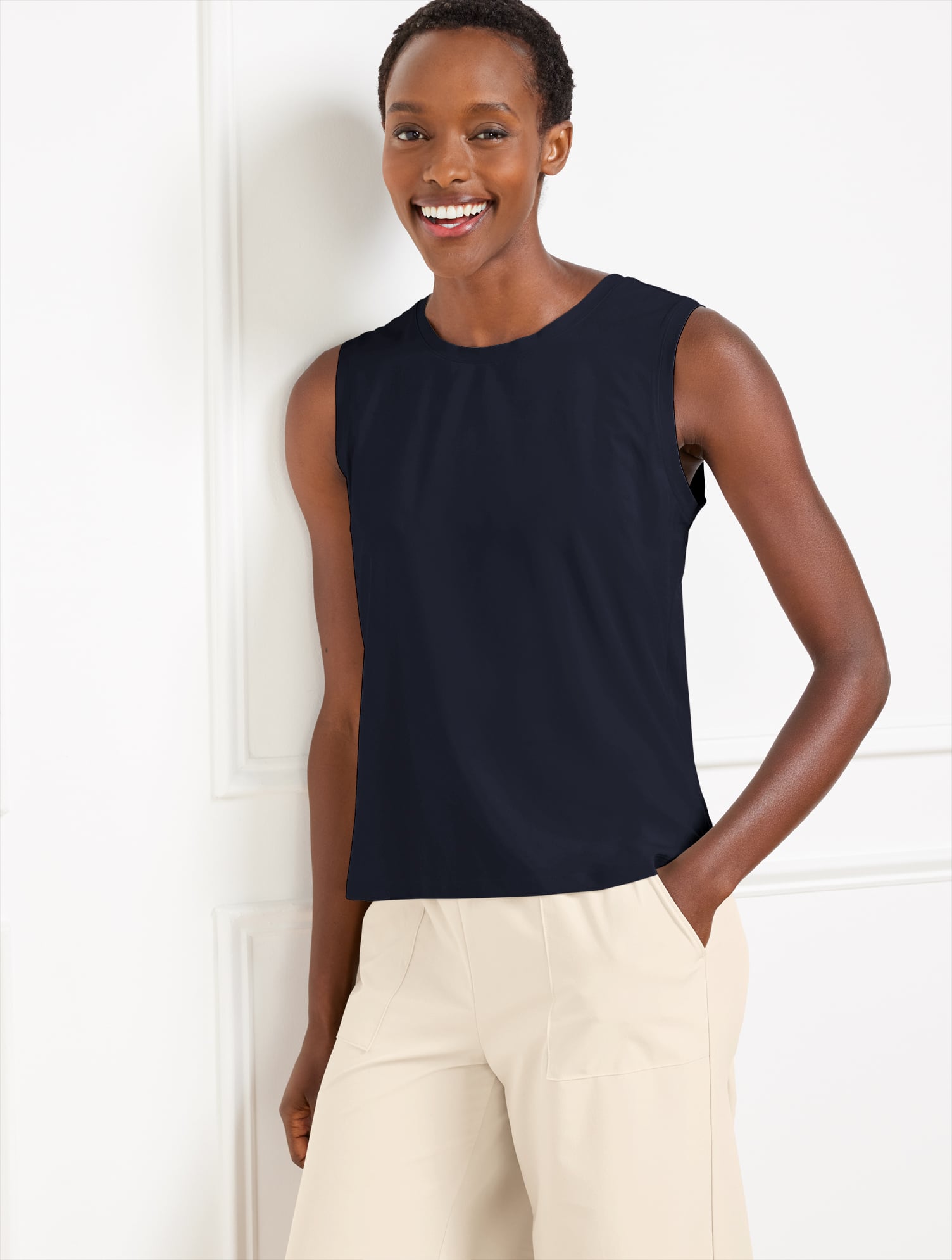 リミフゥ　20/-C Plain Stitch Chest Slit Tank Lightweight Woven Stretch Tank - Laser Cut | Talbots