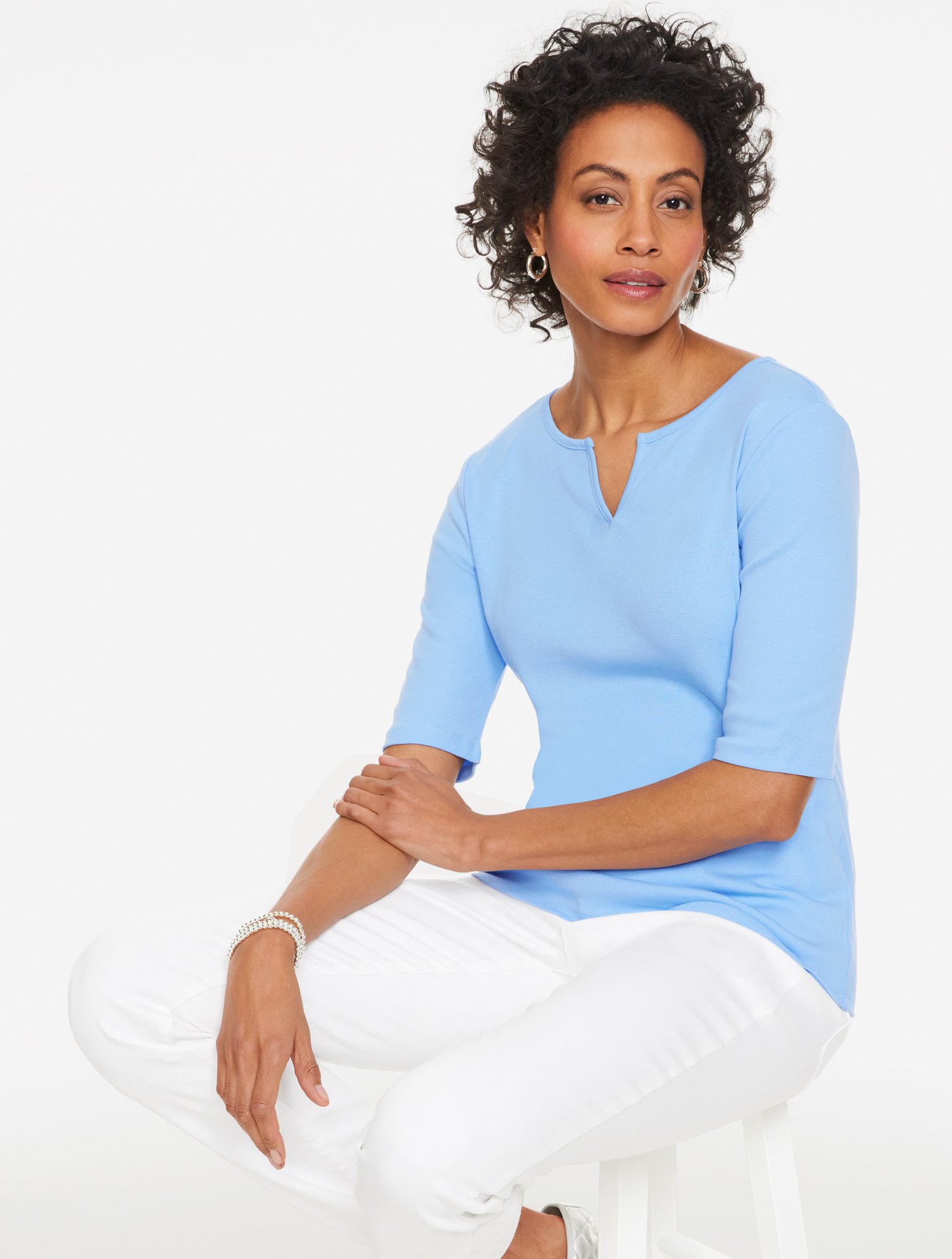 Elbow Sleeve Split Neck Tee