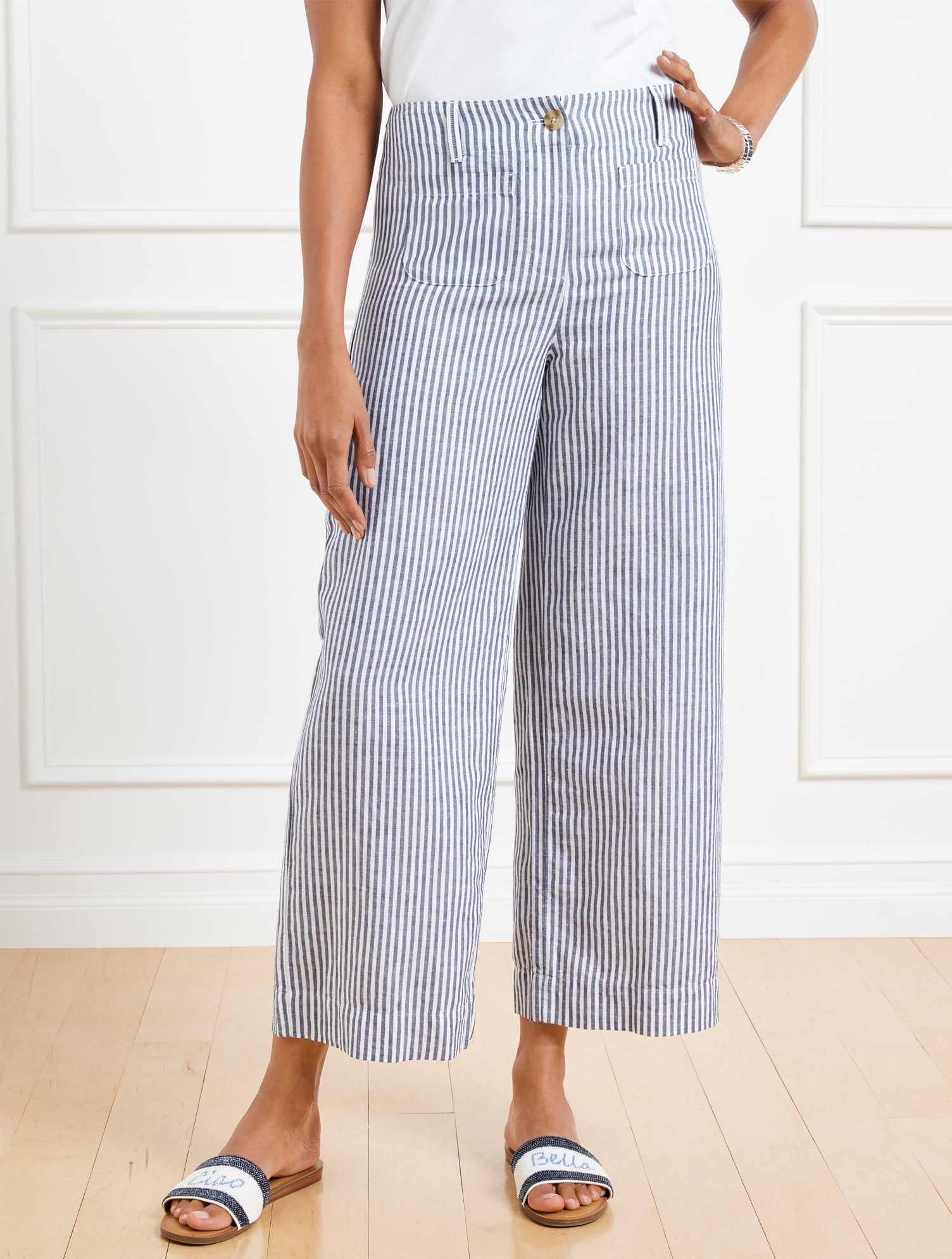 Wide Crop Patch Pocket Washed Linen Pants - Tailored Stripe | Talbots