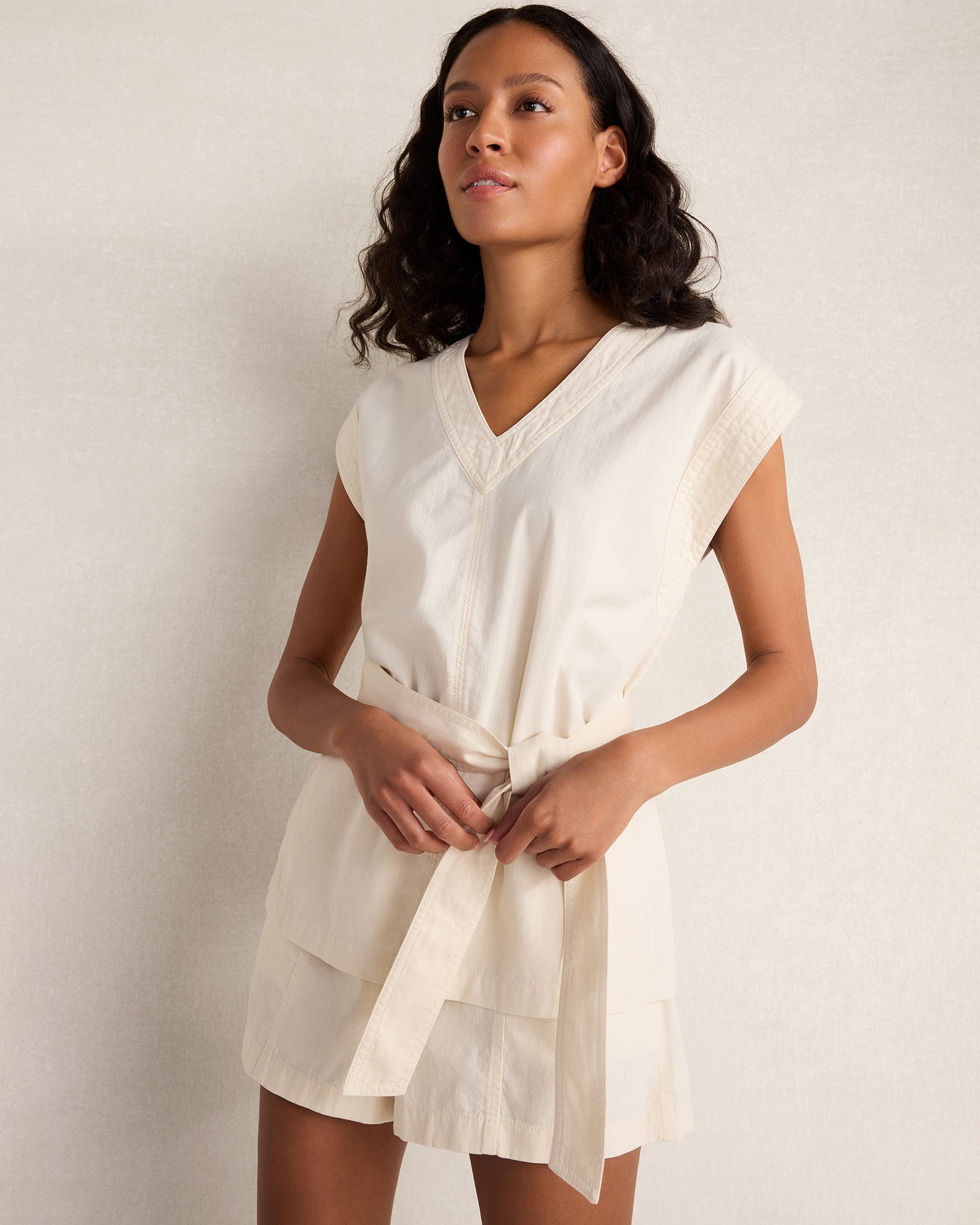 Cotton Ecru Denim V-Neck Belted Top