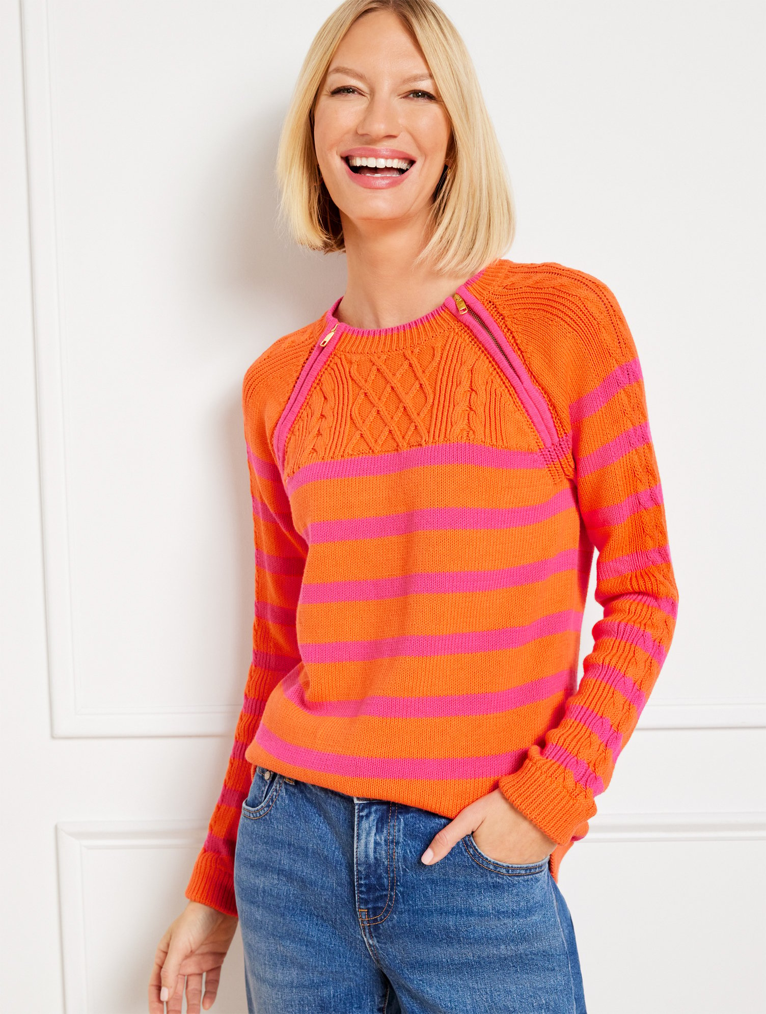 Talbots Cable Knit Zip Detail Sweater - Fisherman Stripe - Tangerine/vivid Pink - Xl  In Tangerine,vivid Pink