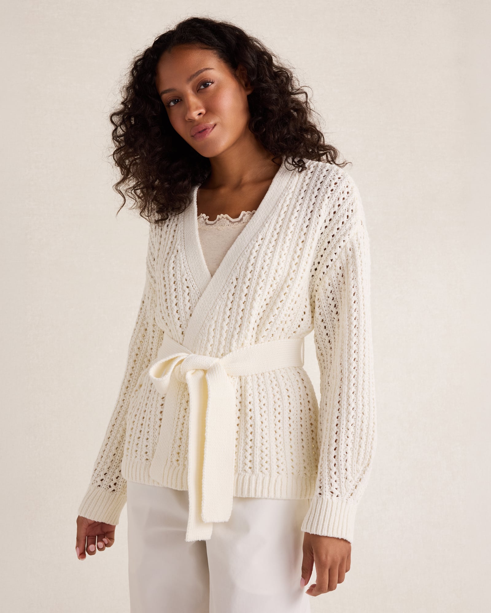 Textured Cotton Blend Belted Cardigan
