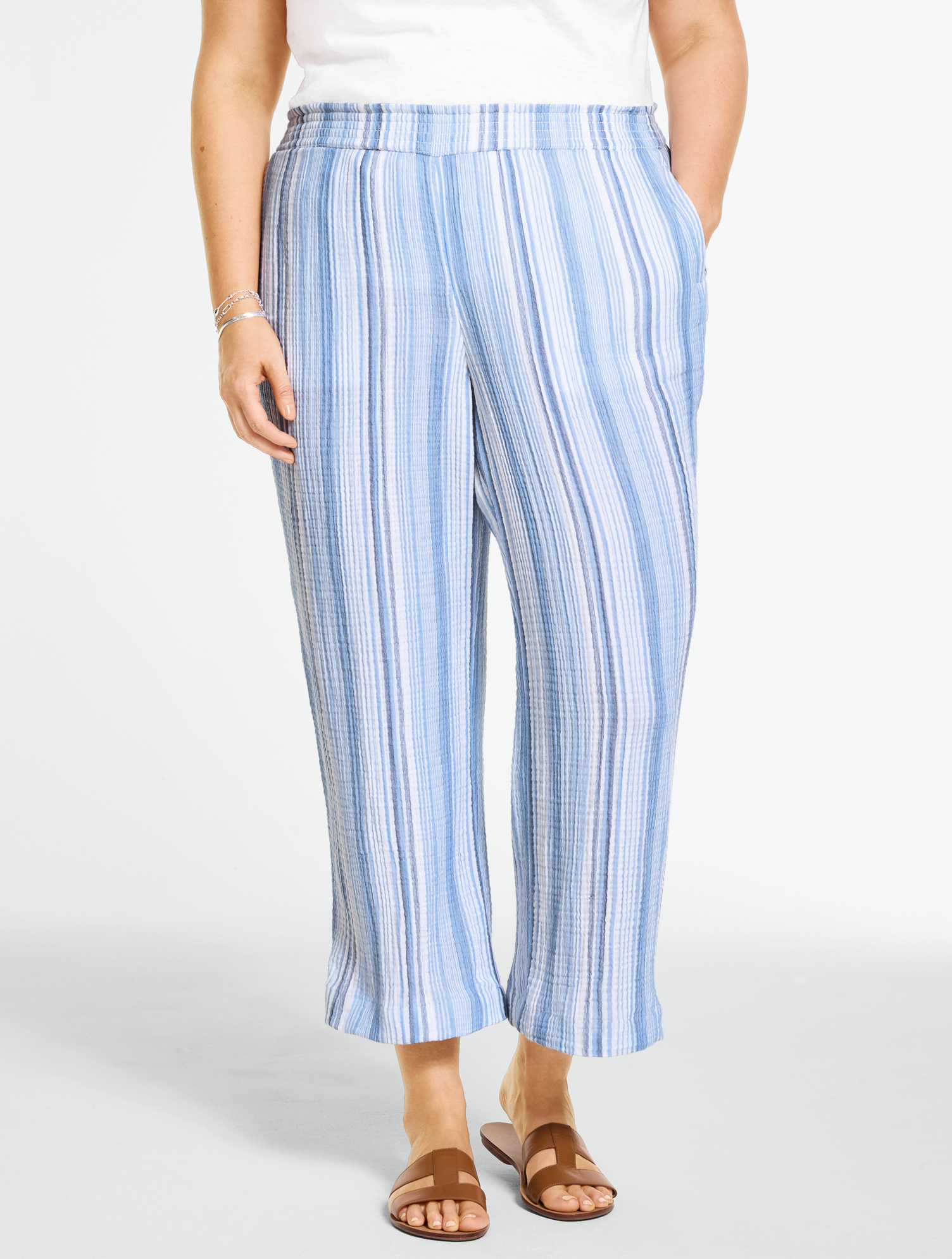 Cotton Gauze Straight Crop Pull-On Pants - Seaport Stripe | Talbots