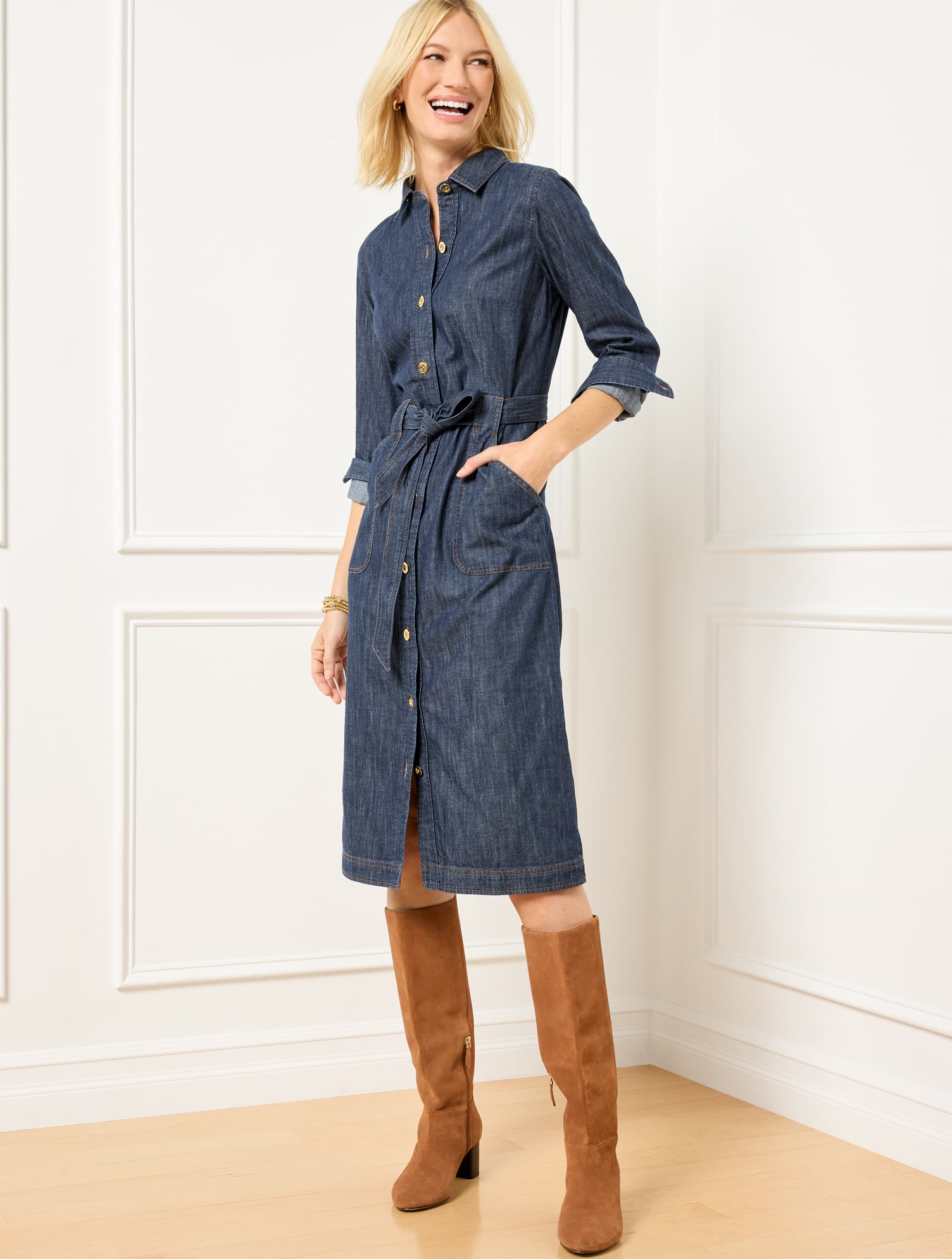 Denim Tie Waist Midi Shirtdress - Midnight Wash | Talbots