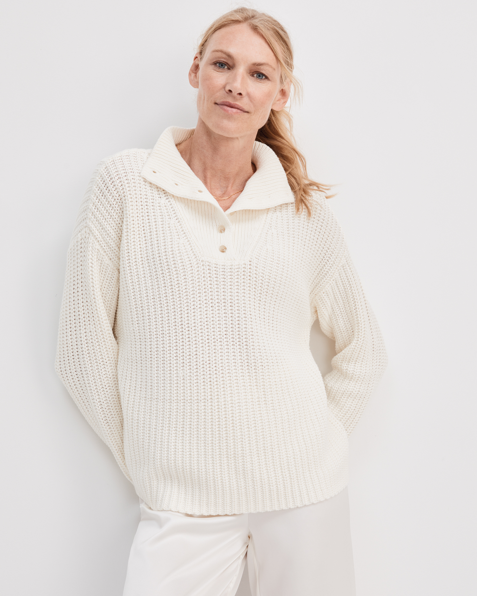 Talbots Button-up Mock Neck Sweater - Ivory - Xxl  In Neutral