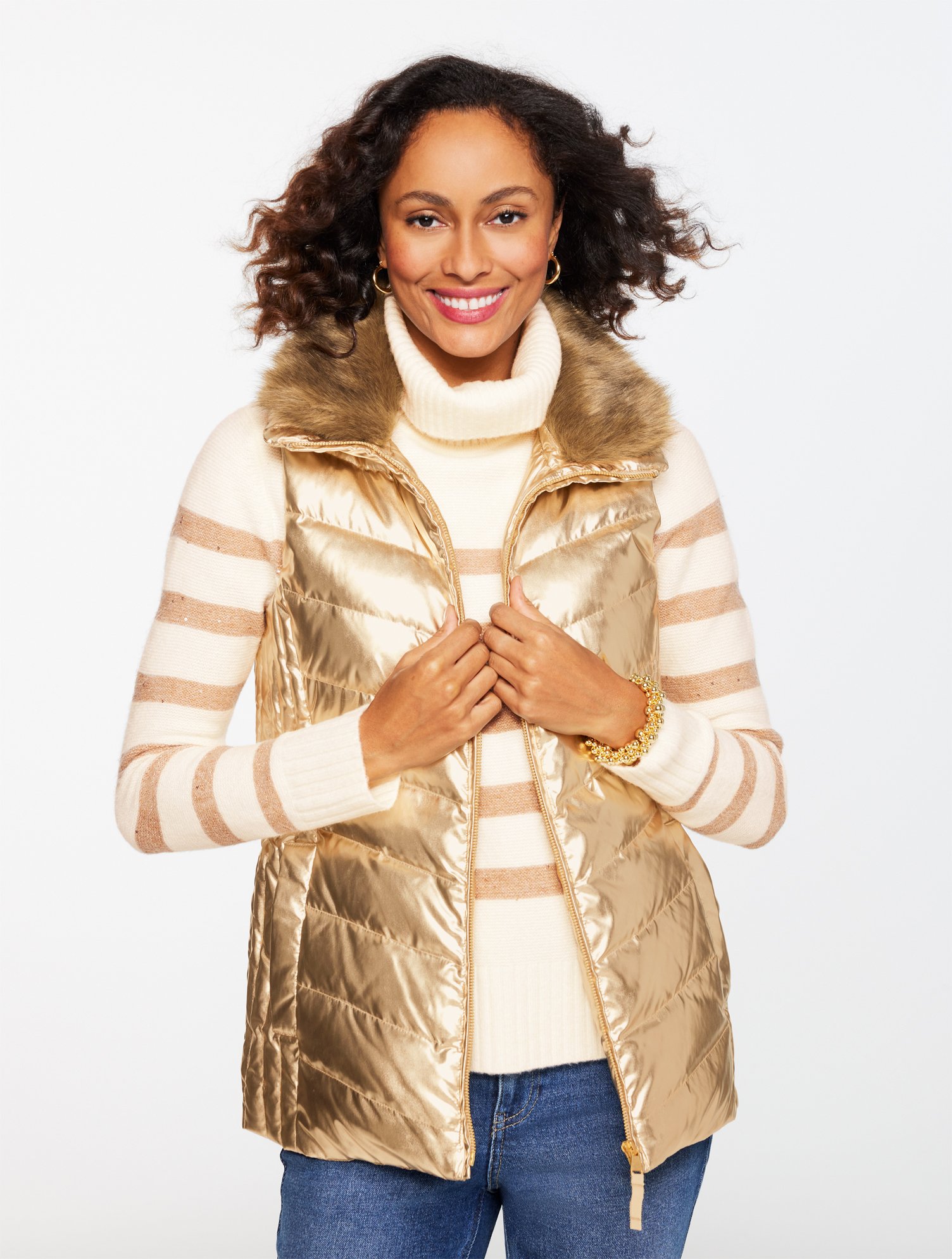 Talbots Plus Petite - Quilted Puffer Vest - Metallic - Gold/taupe - 1x In Brown