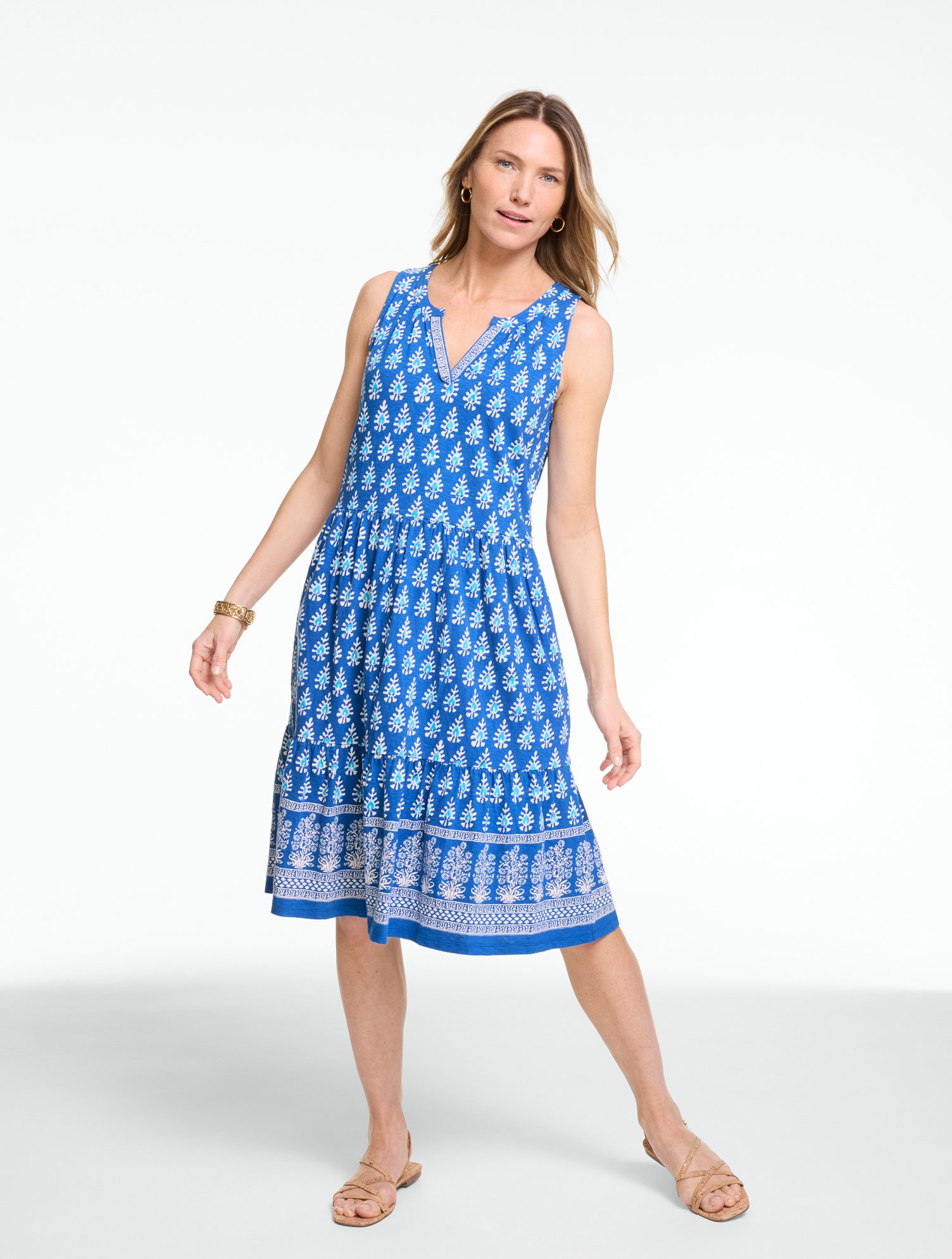 Nantucket Slub Sleeveless Tiered Dress - Woodblock Medallion
