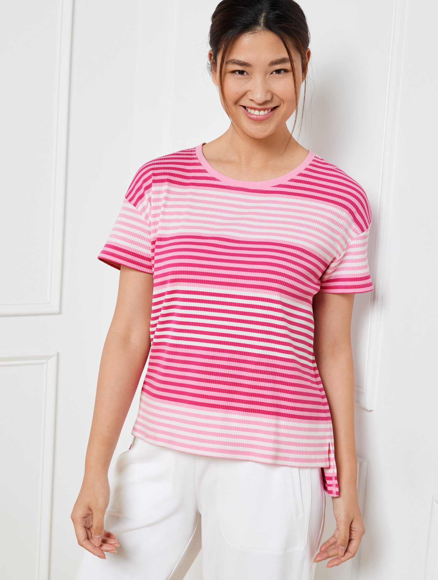 Talbots Drop Shoulder Boxy T-shirt - Multi Stripe - Pink - 3x