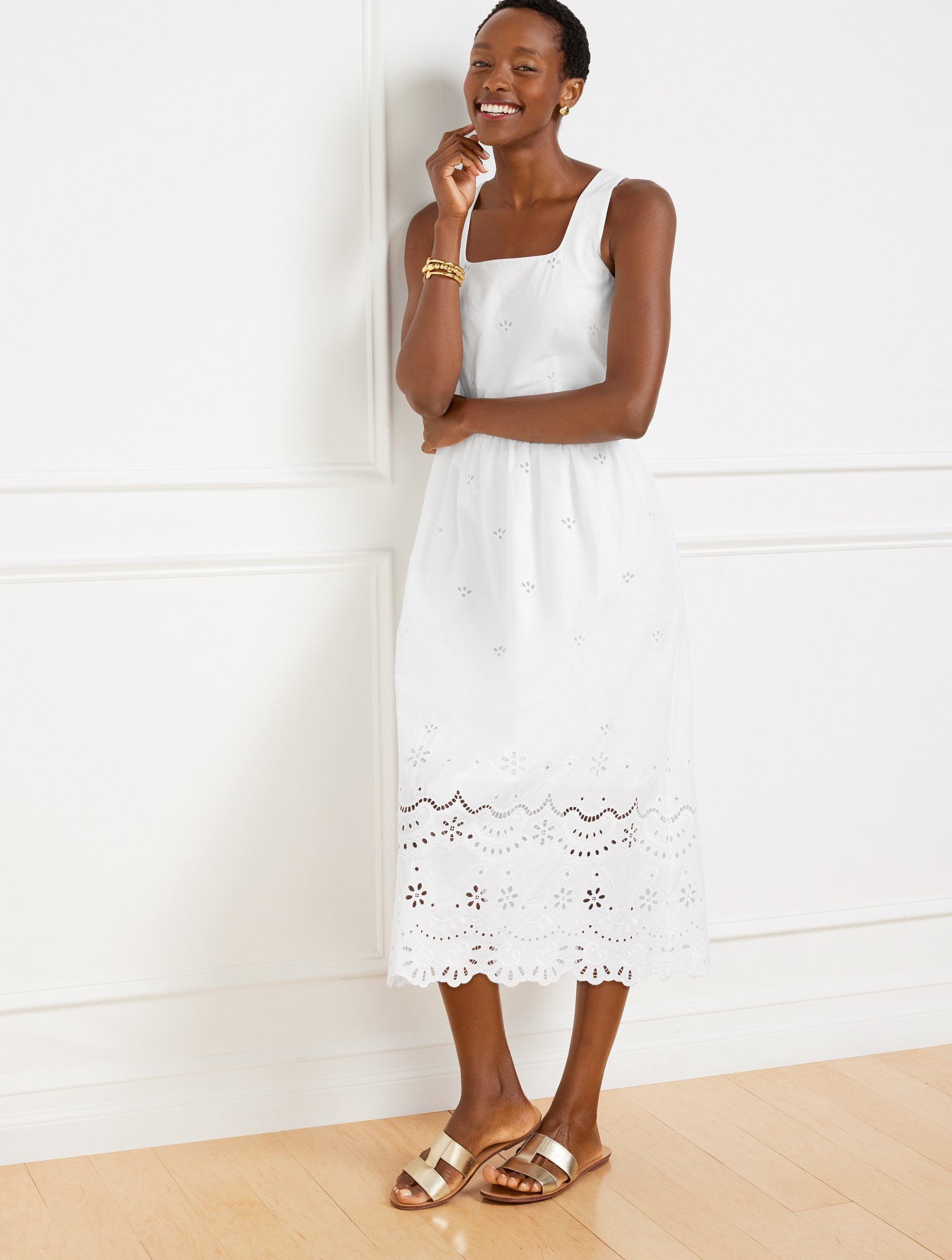 Petite – Eyelet Border Square Neck Dress – White – 12 Talbots