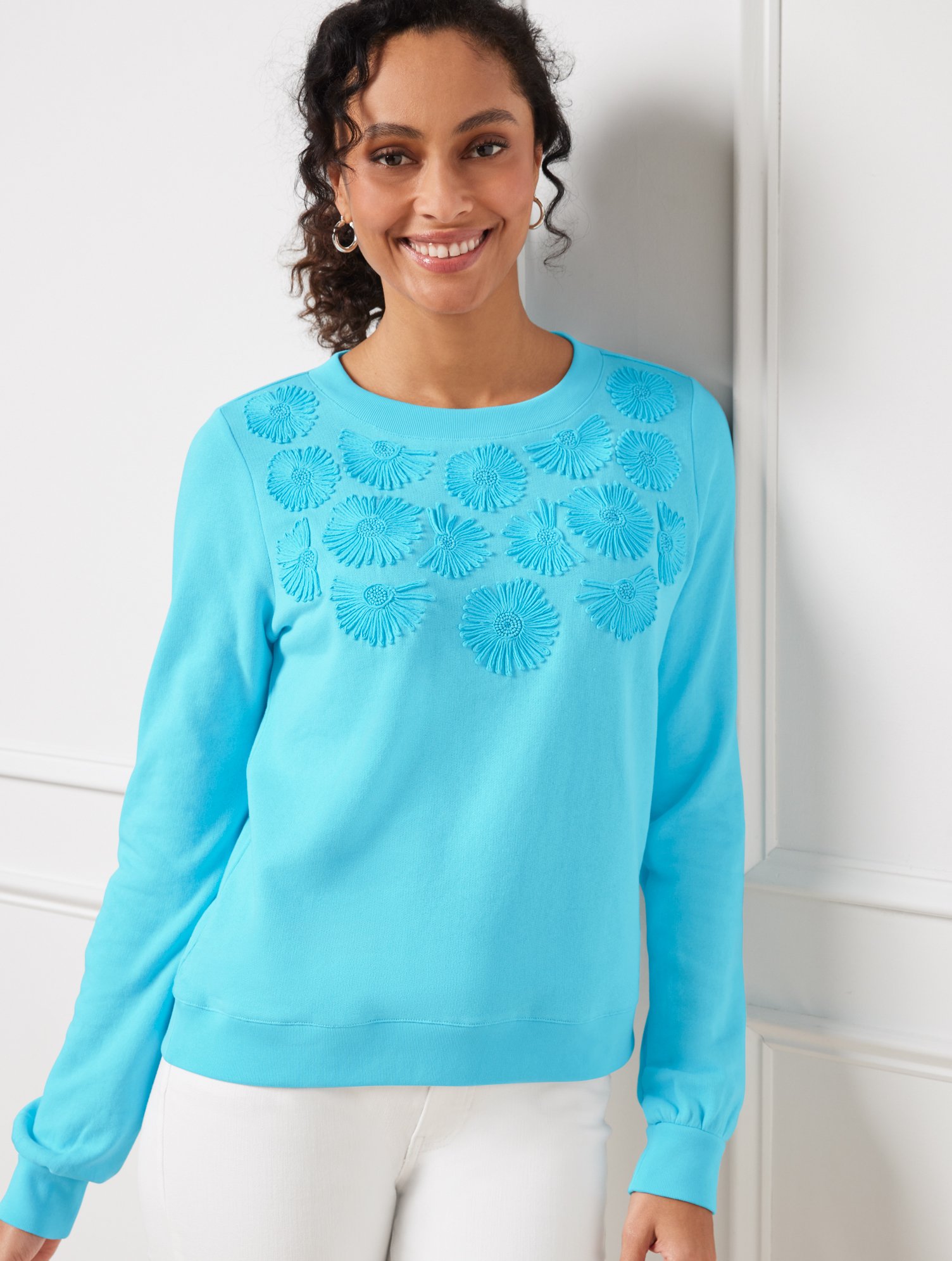 Talbots Plus Size - Embroidered Crewneck Sweatshirt - Lovely Blue - 1x - 100% Cotton