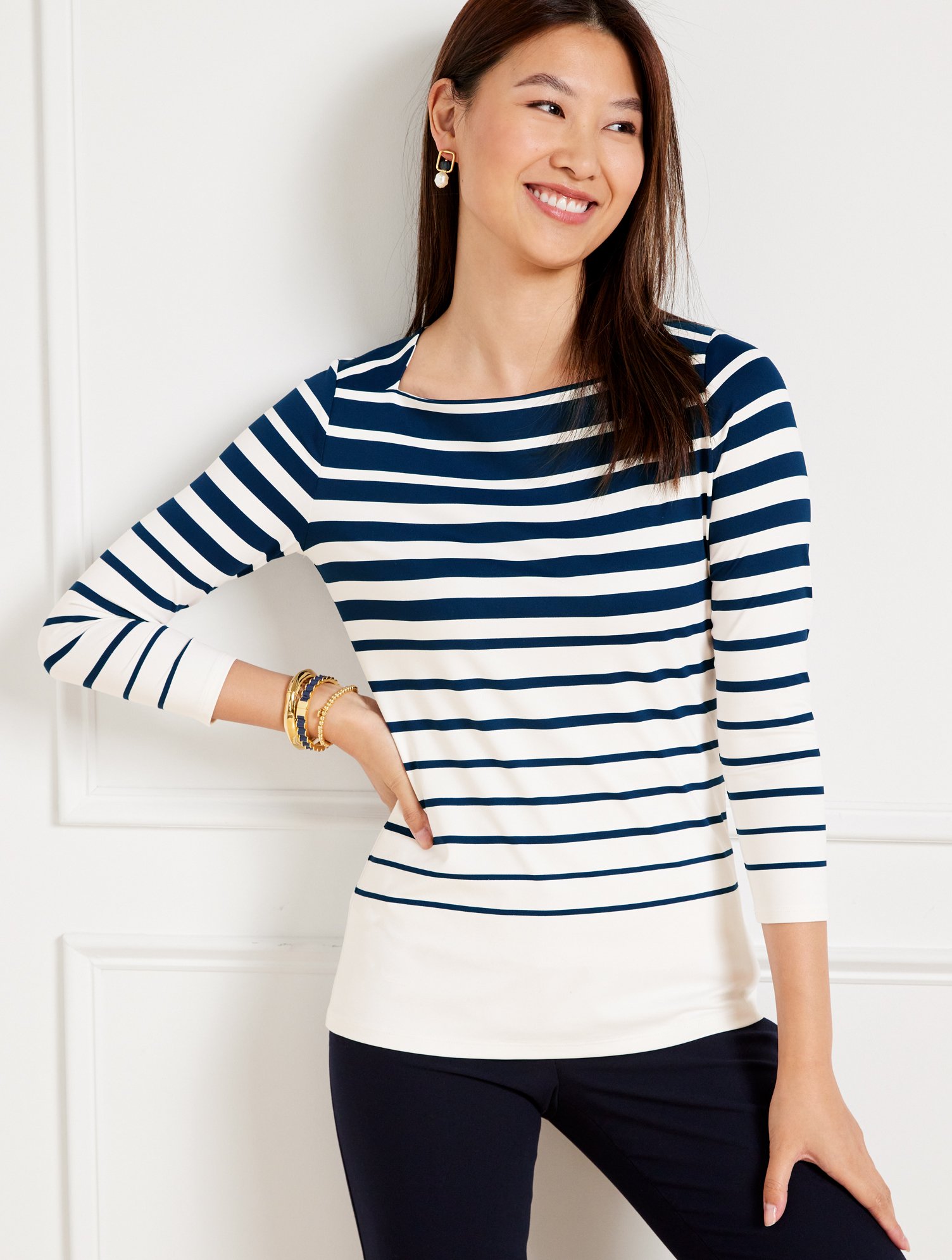 Talbots Effortless Jersey Square Neck T-shirt - Stripe - Ivory/ink - 2x  In Ivory,ink