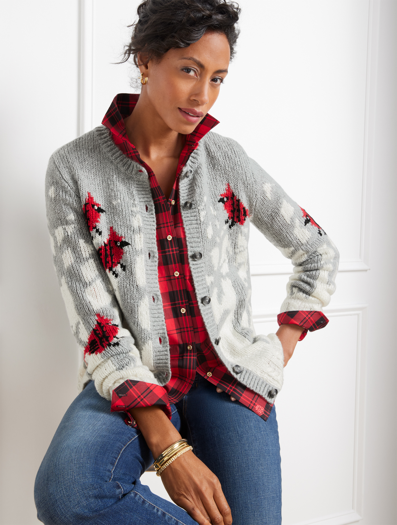 Crewneck Cardigan - Snow Cardinals | Talbots display picture 1