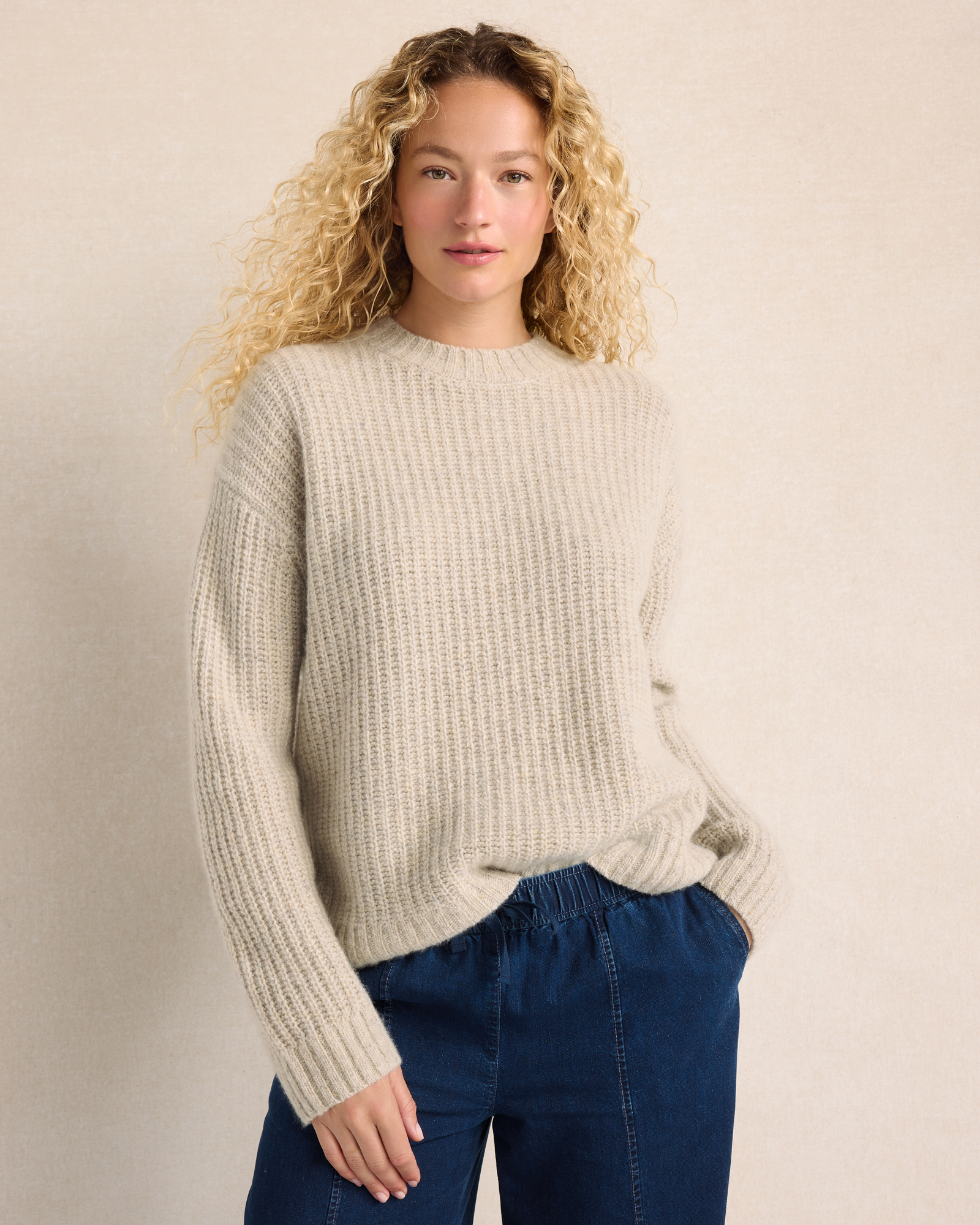 Marled Cashmere Shaker Stitch Crewneck Sweater
