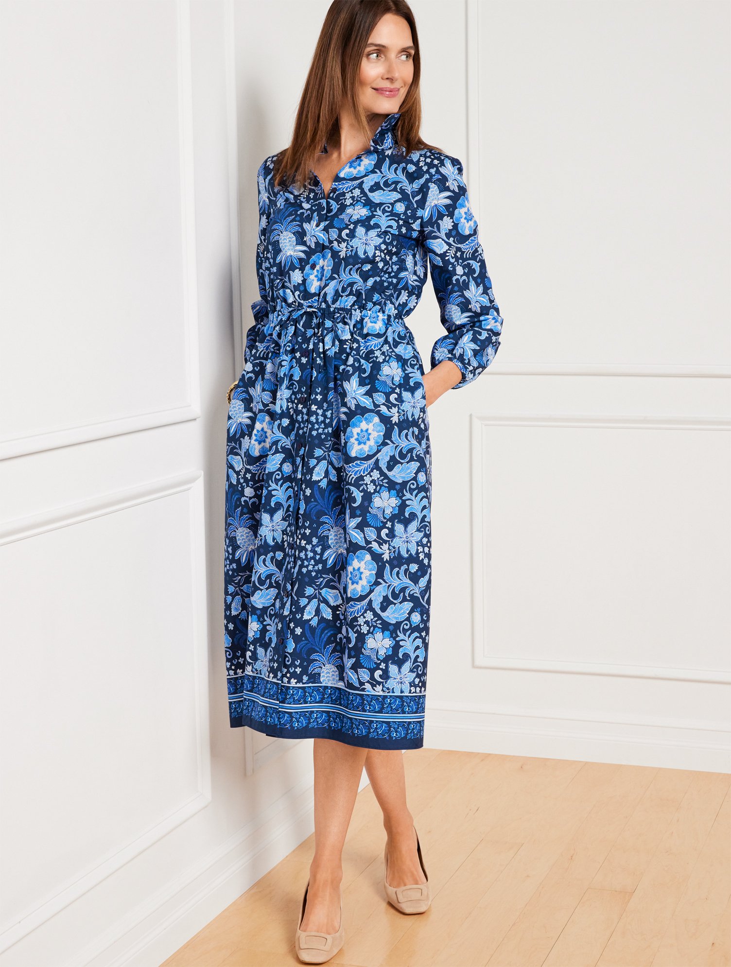 Talbots Petite - Tie Waist Shirtdress - Whimsical Floral - Ink/blue - 12 - 100% Cotton  In Ink,blue