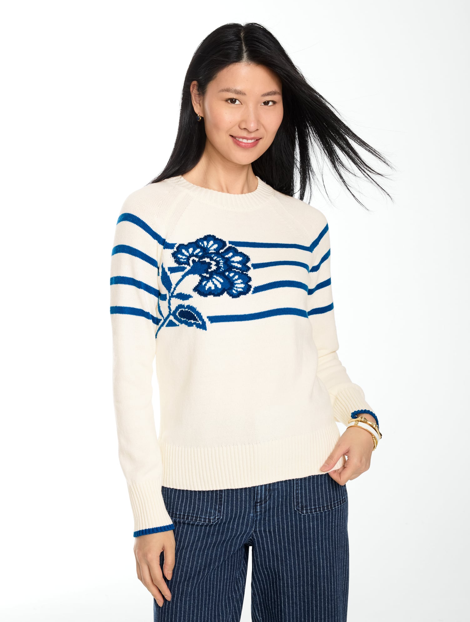 Intarsia Crewneck Sweater - Flower Stripe | Talbots