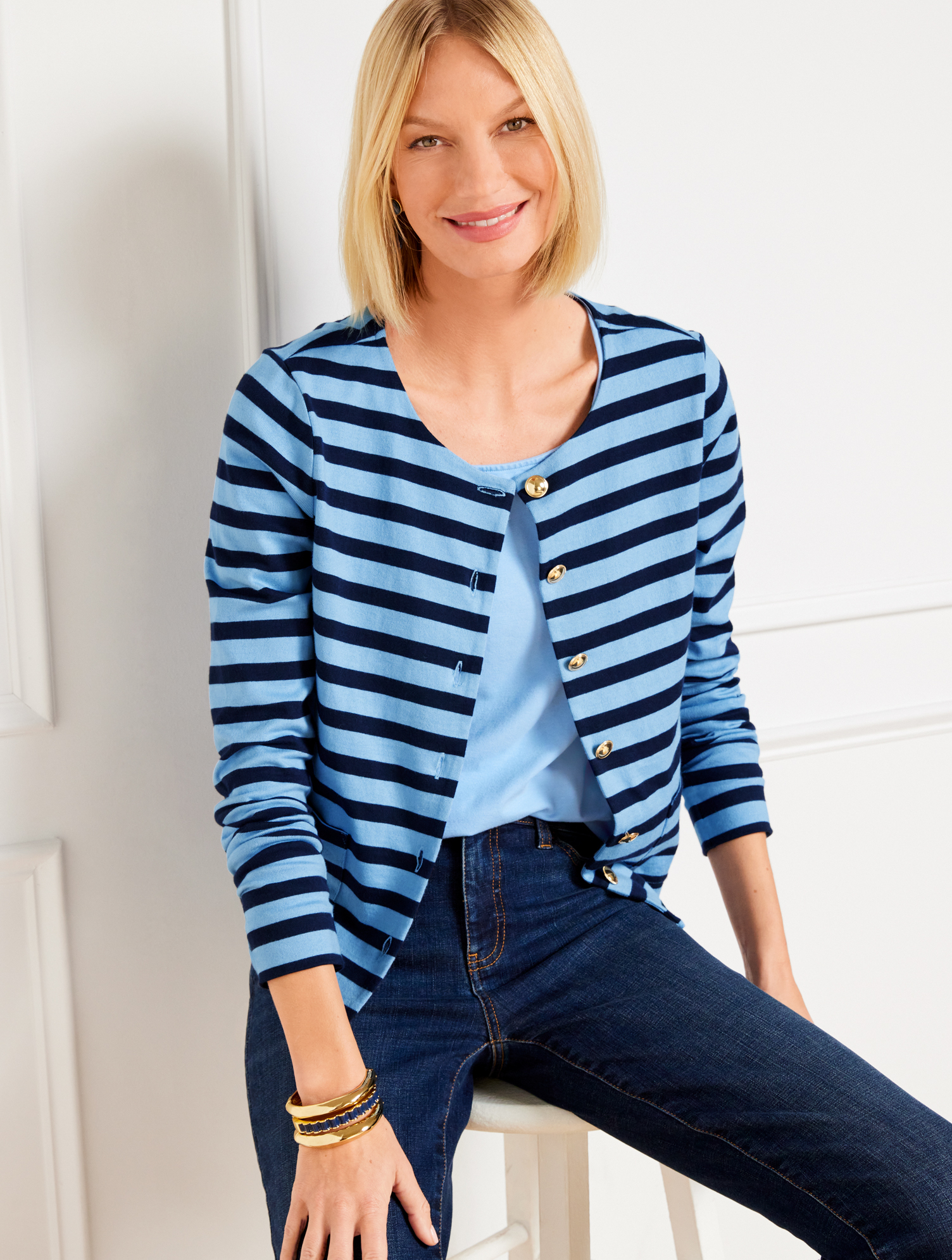 Talbots Plus Size - Patch Pocket Knit Cardigan Sweater - Kent Stripe - Laguna Blue/indigo - X - 100% Cotton In Laguna Blue,indigo