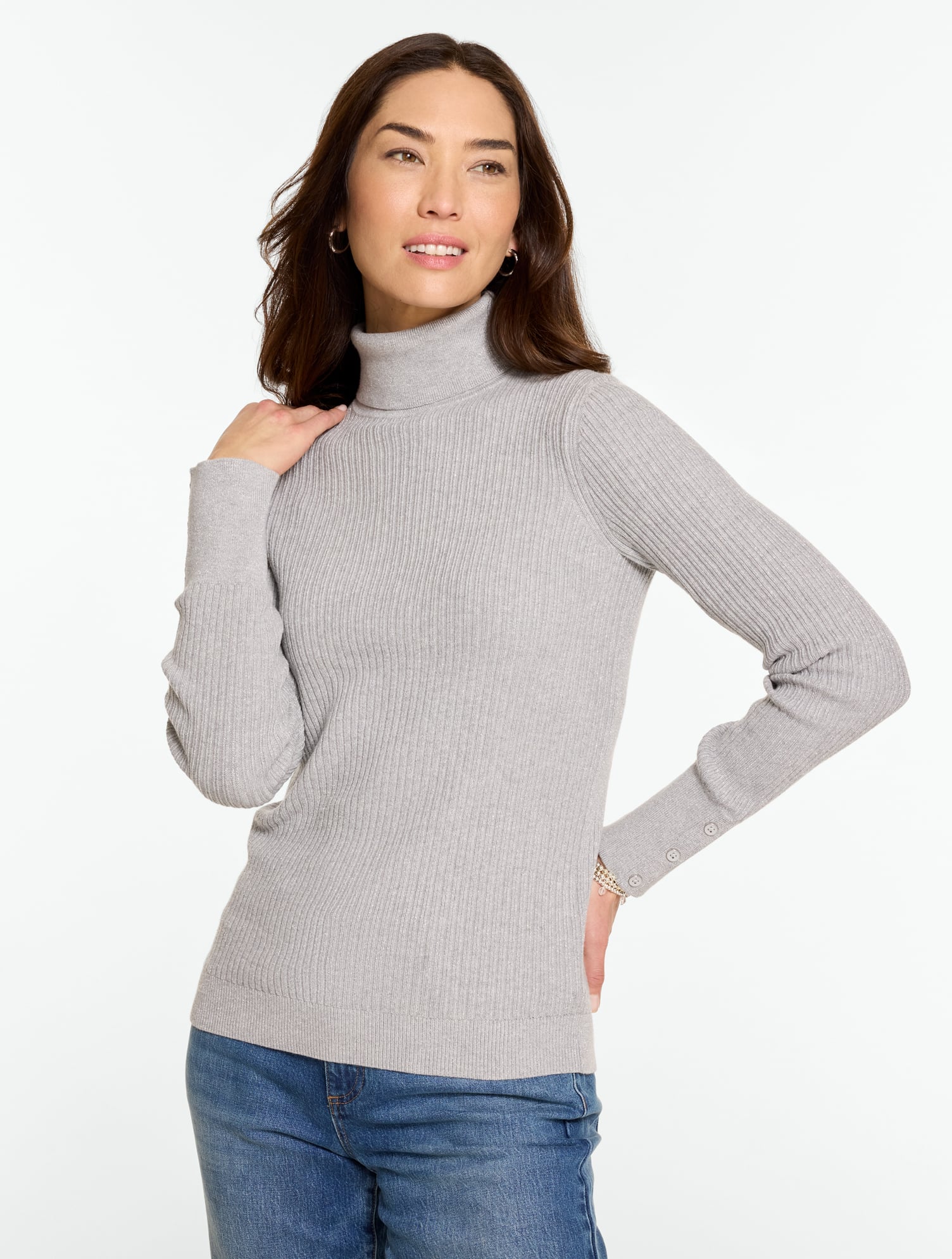 Metallic Ribbed Turtleneck Pullover