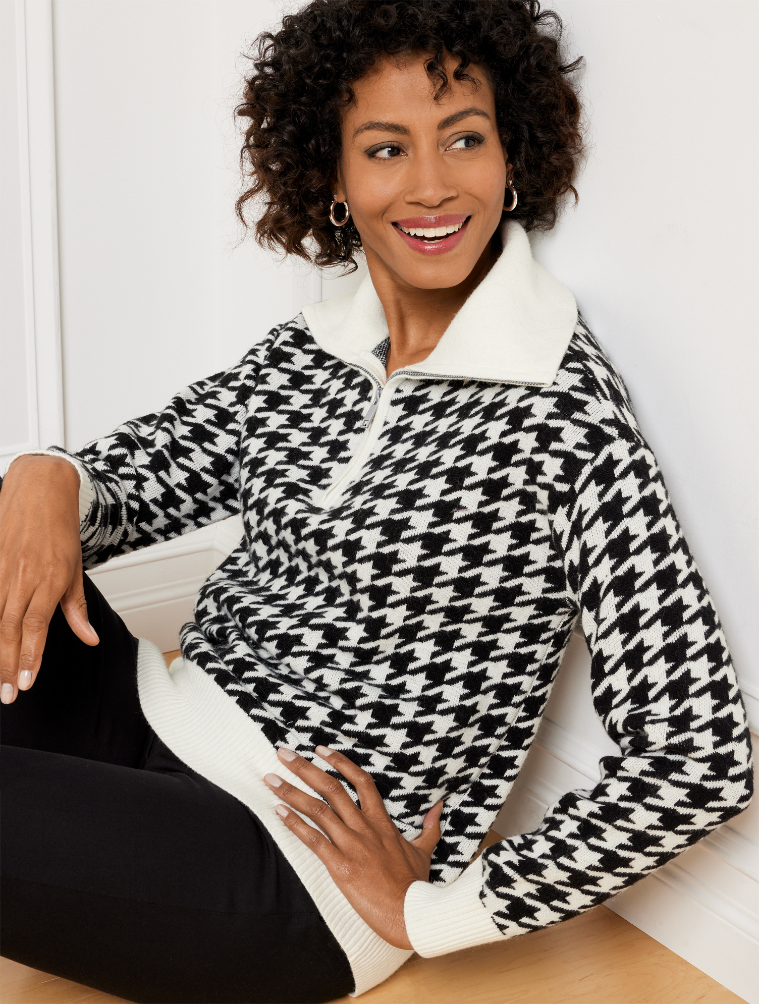 Talbots Plus Size - Zip Collar Sweater - Houndstooth Jacquard - Ivory/black - 1x  In Ivory,black